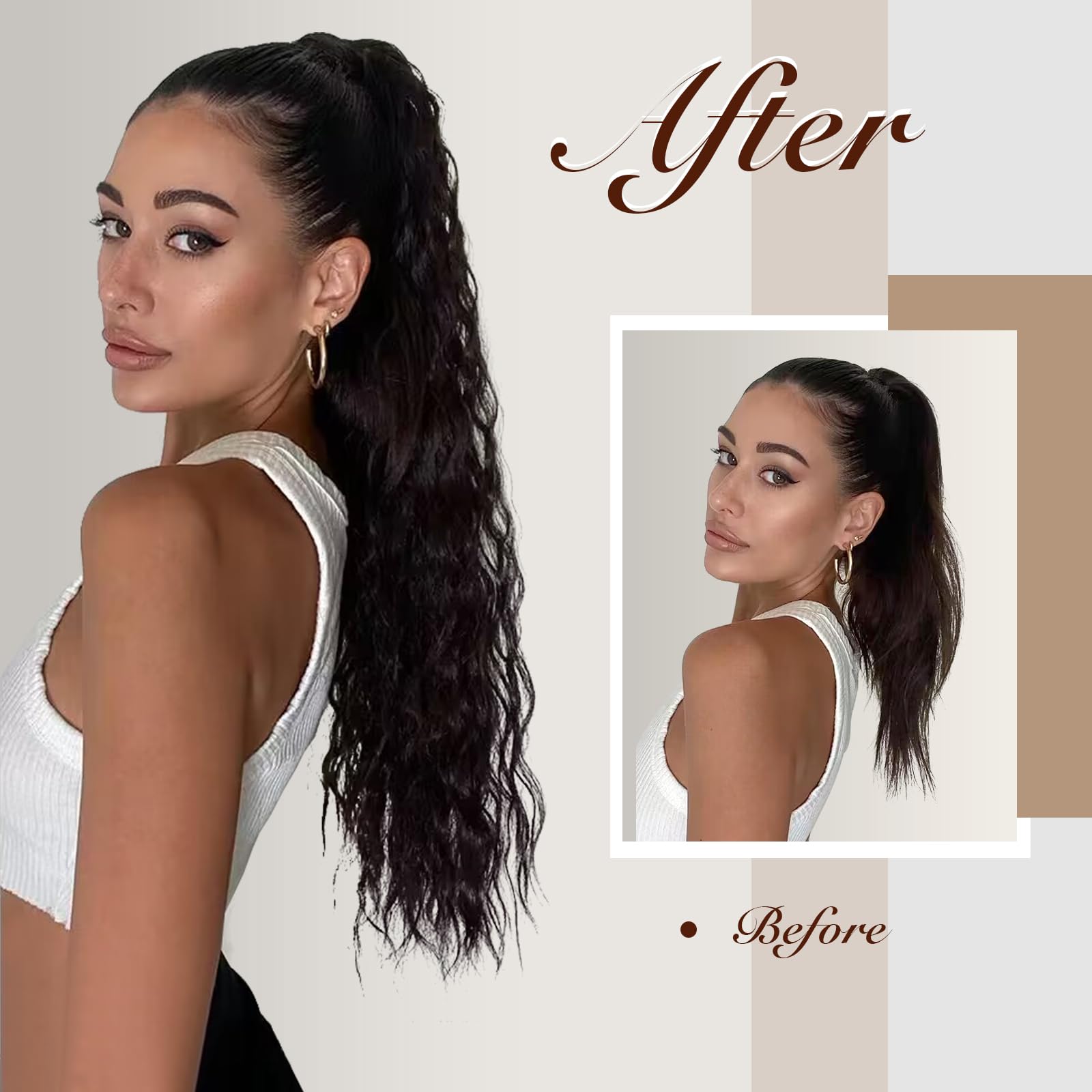 Feshfen Ponytail Extensions - 26 Inch Drawstring Long Curly Wavy Clip In Ponytails Synthetic Hair Piece Pony Tail Hairpieces For