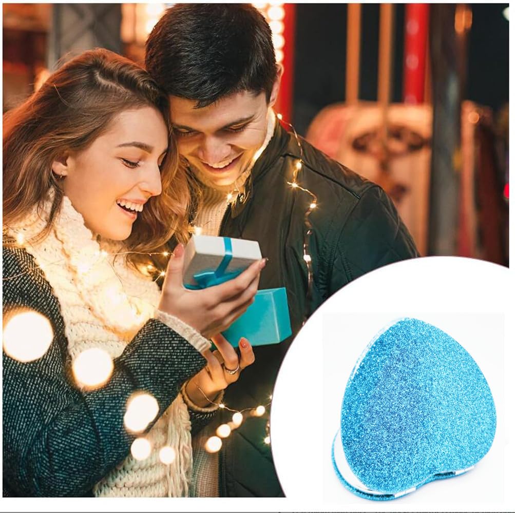 Mpowtech Cute Heart Shaped Compact Mirror For Purse,Blue Travel Mirror With Glitter,Leather Small Pocket Mirror,Portable 2 X 1X