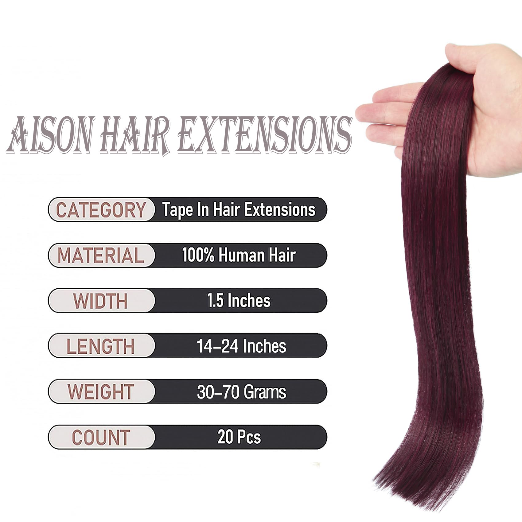 Tape In Hair Extensions 99J 100% Remy Human Hair Extensions Silky Straight For Fashion Women 20 Pcs/Package(14Inch #99J 30G)