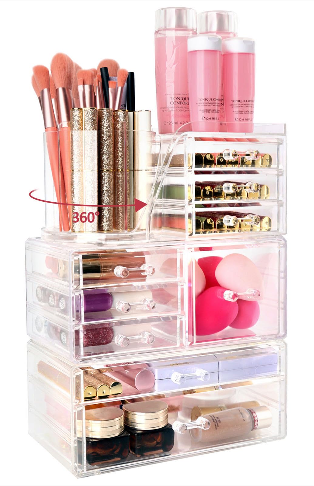 AUOIKK Clear Makeup Organizer with 9 Drawers & Rotating Brush Holder - Large Capacity Cosmetic Display Cases Storage for Vanity,