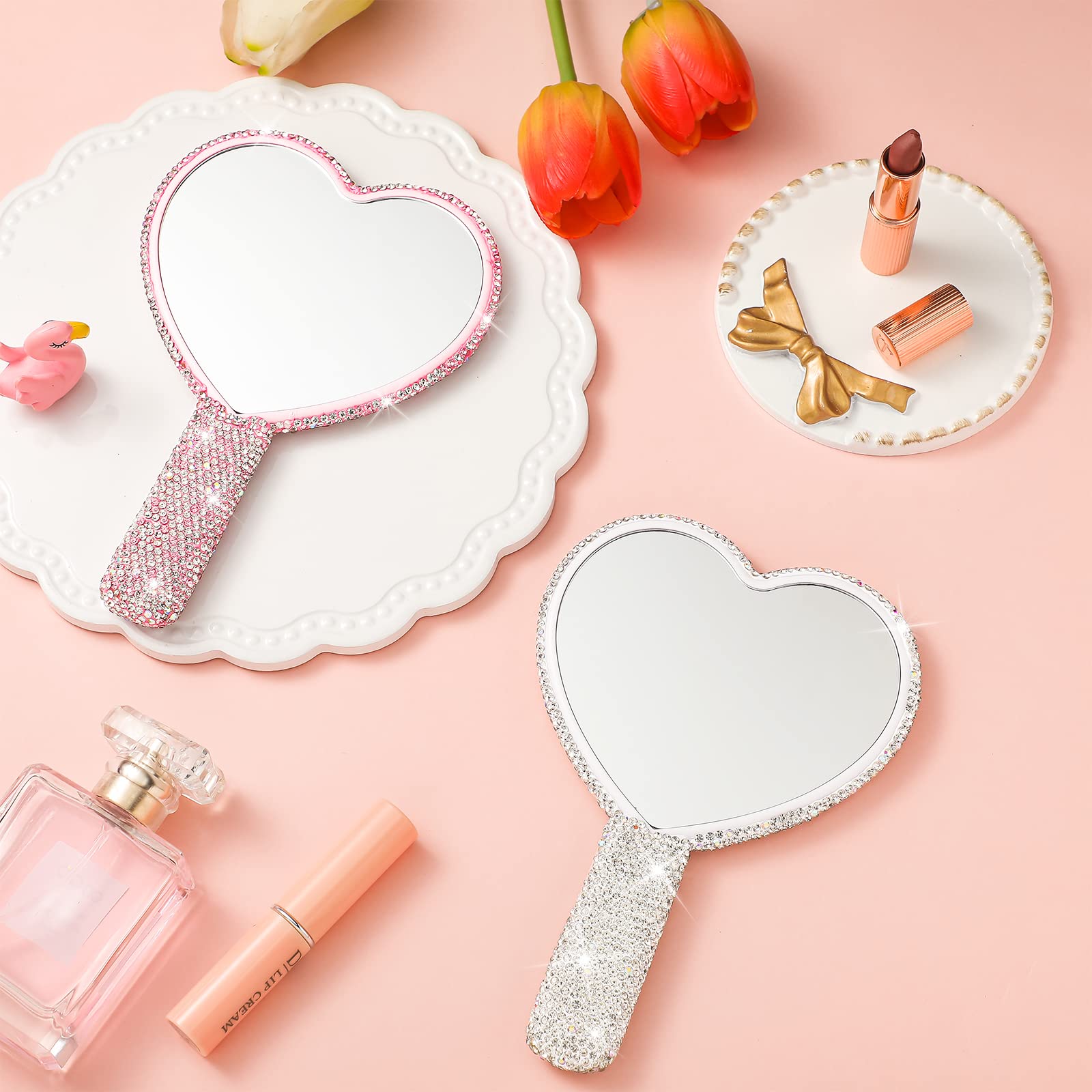 Tatuo 2 Pcs Rhinestone Mirror Handheld Bling Heart Lip Shaped Mirror Glitter Cosmetic Hand Mirror With Handle Portable Cute Trav