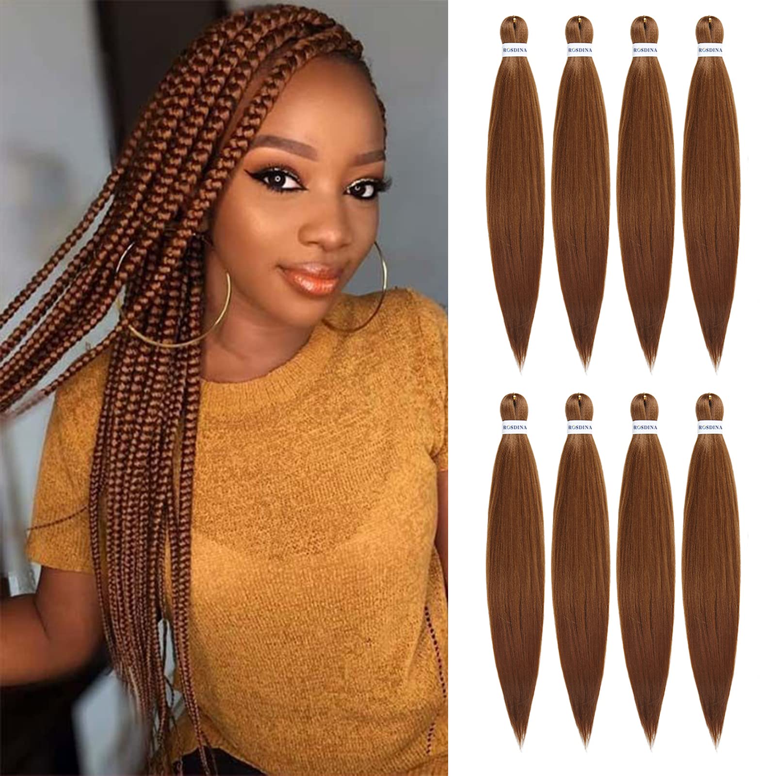 Rosdina Pre-Stretched Braiding Hair - 26 Inch 8 Packs Brown Super Long Braiding Hair For Twist Or Box Braids, Yaki Texture Hot W