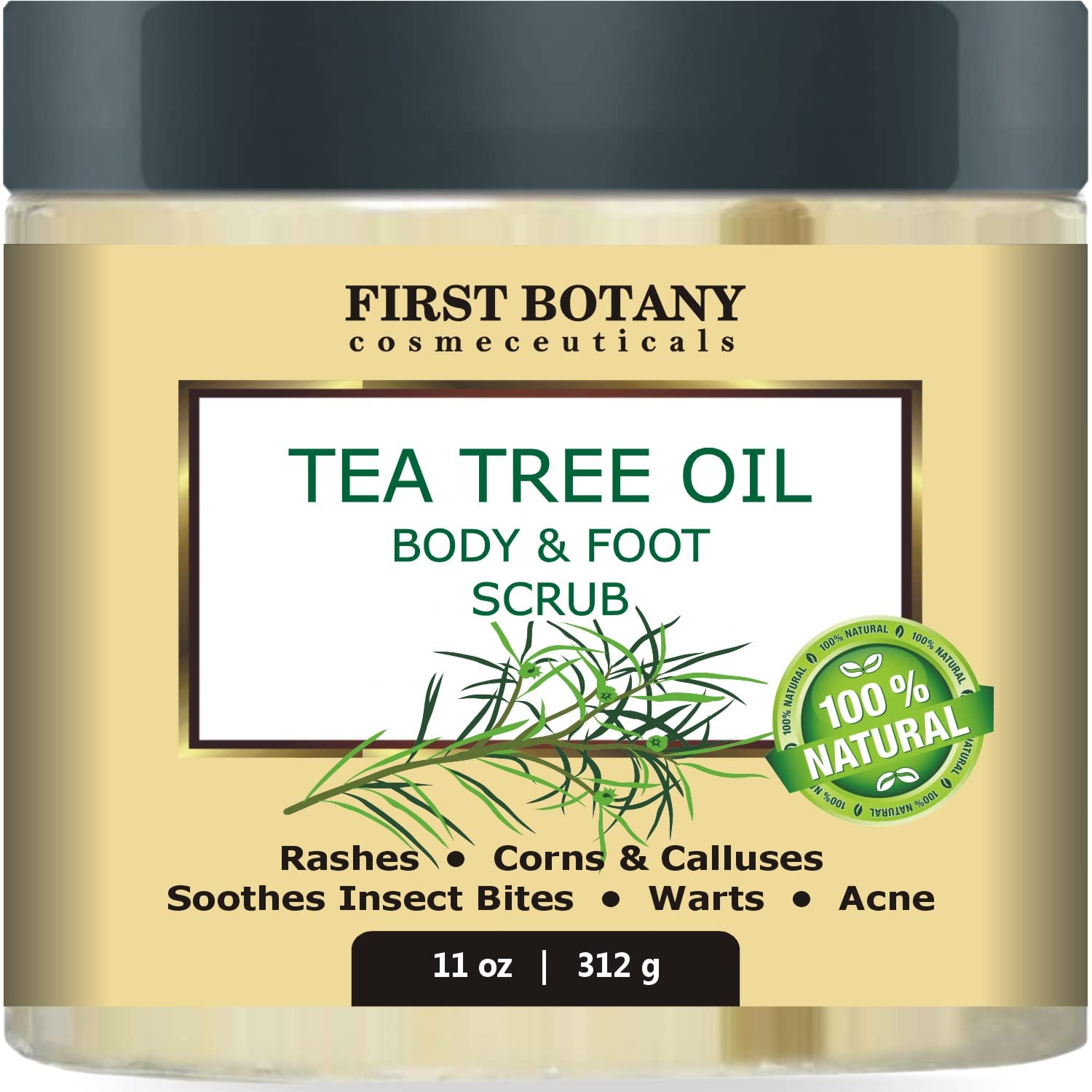 First Botany Cosmeceuticals, 100% Natural Tea Tree Oil Body & Foot Scrub with Salt - Best for Acne, Dandruff and Warts, Helps wi
