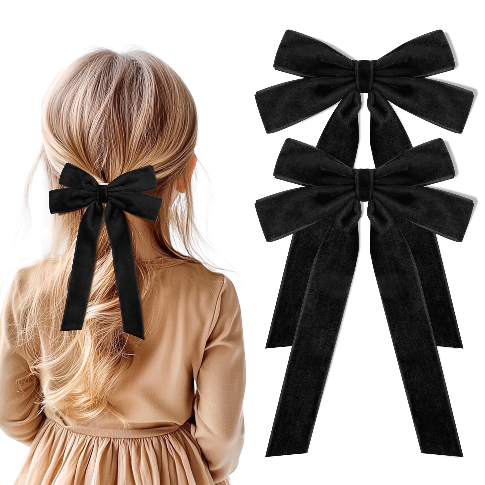 2PCS Black Hair Bows Soft Velvet Bow Hair Clip with Long Tail Hair Accessories for Women Girls Toddlers Teen Girl Gifts Cute Tre