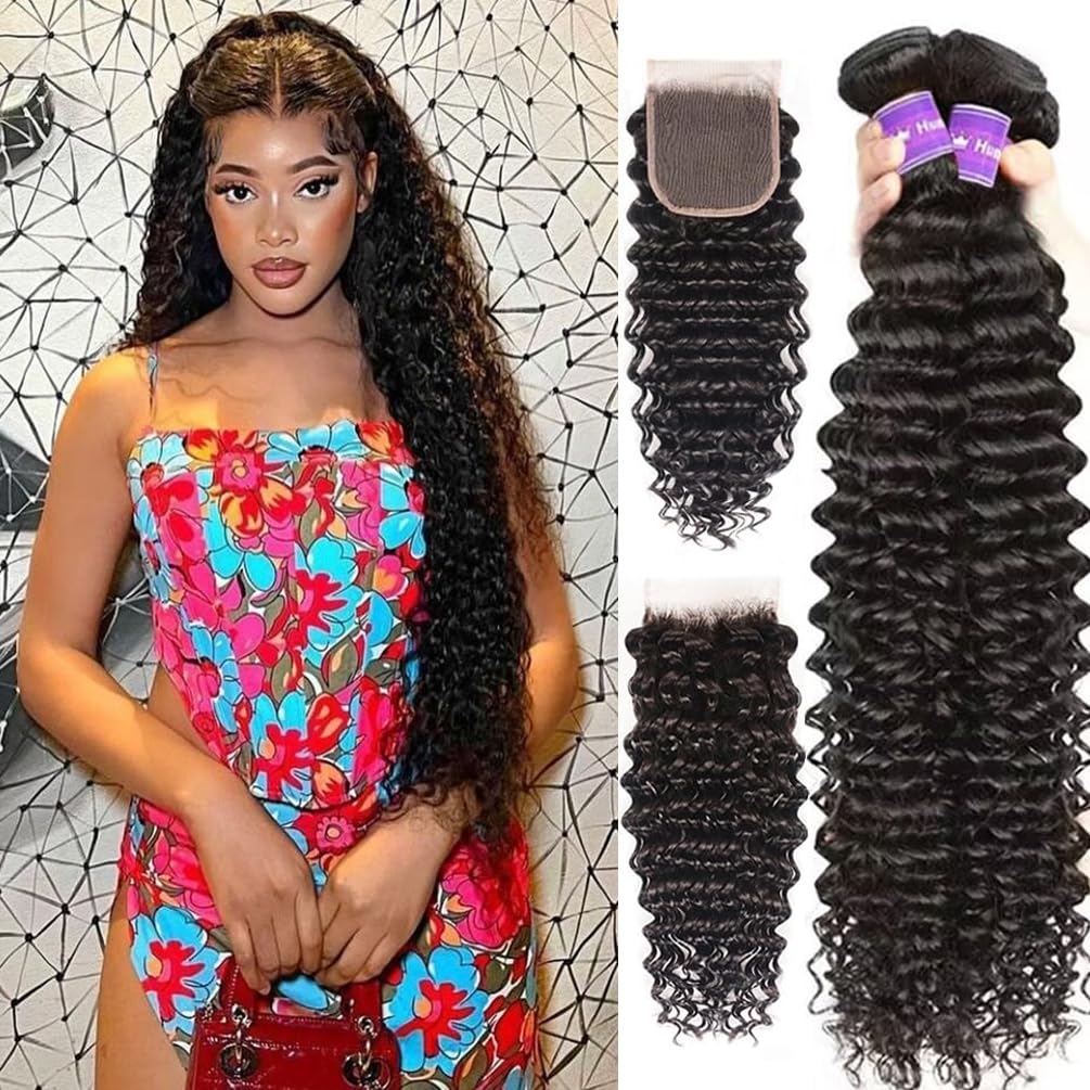 Brazilian Deep Wave Human Hair Bundles with Closure (14 16 18 20+12) 12A 100% Unprocessed Virgin Deep Curly Weave Human Hair Bun