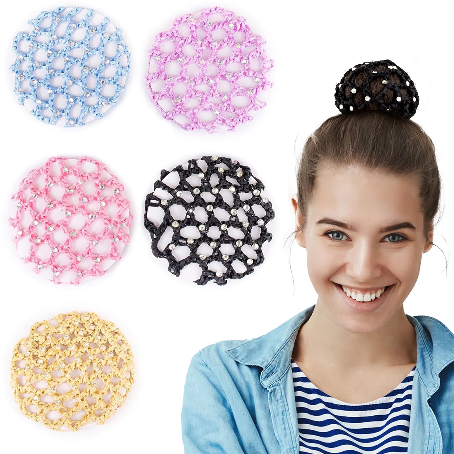 AUEAR Hair Bun Cover, 5 Pack Handmade Rhinestone Crochet Elastic Bun Hair Nets for Women Girls Ballet Dance Skating, Blue, Black