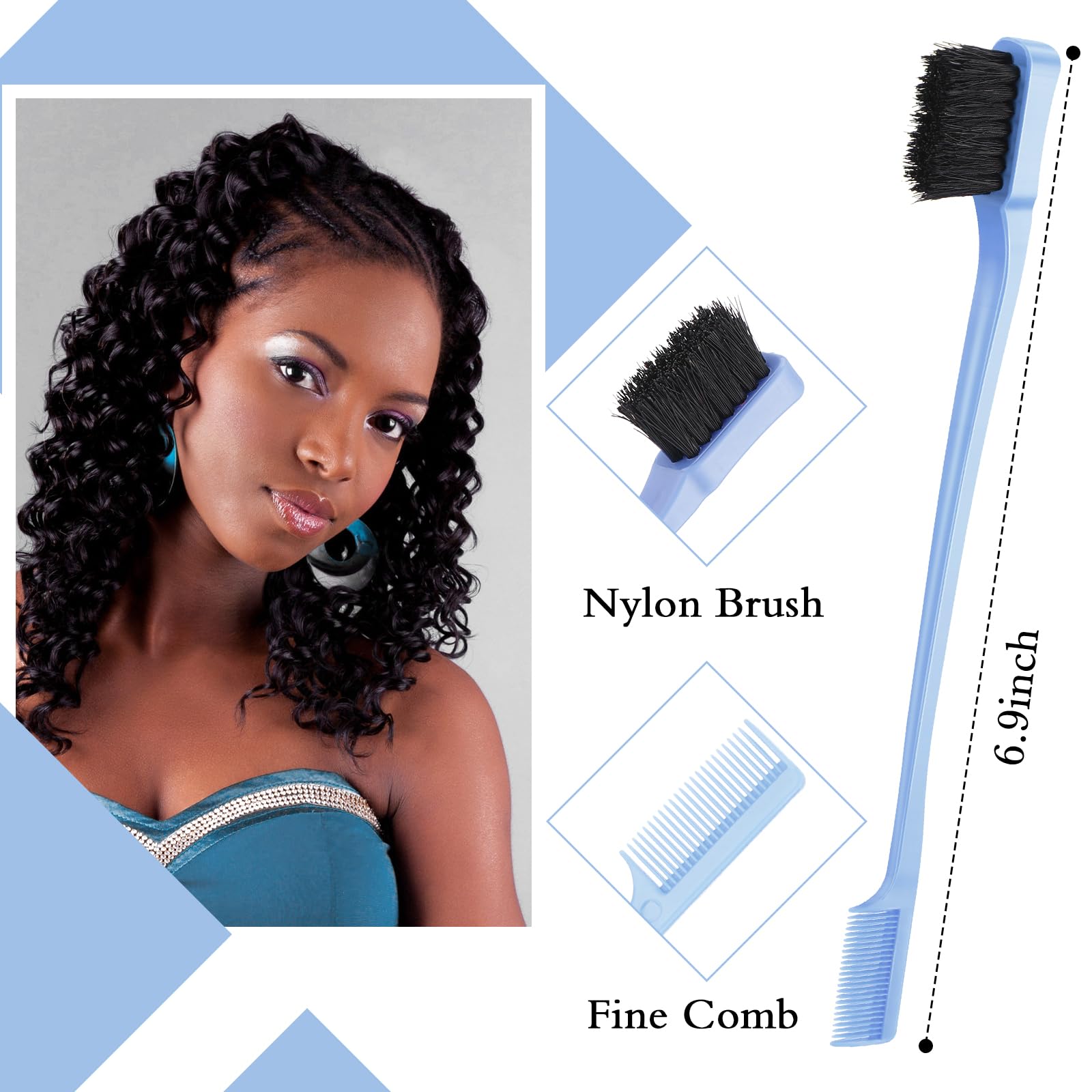 Geiserailie 3 Pcs Slick Back Hair Brush Set Bristle Brush Edge Control Teasing Comb For Women Black Hair(Light Blue)