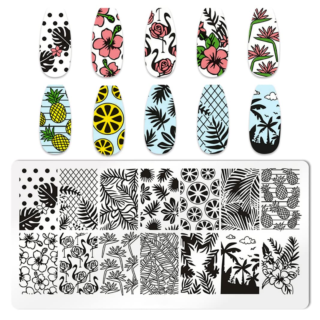 XEAOHESY 6pcs Seaside Scenery Nail Stamping Plate Nail Stamping Kit for Nails Summer Beach Coconut Trees Sunset Waves Sea Animal