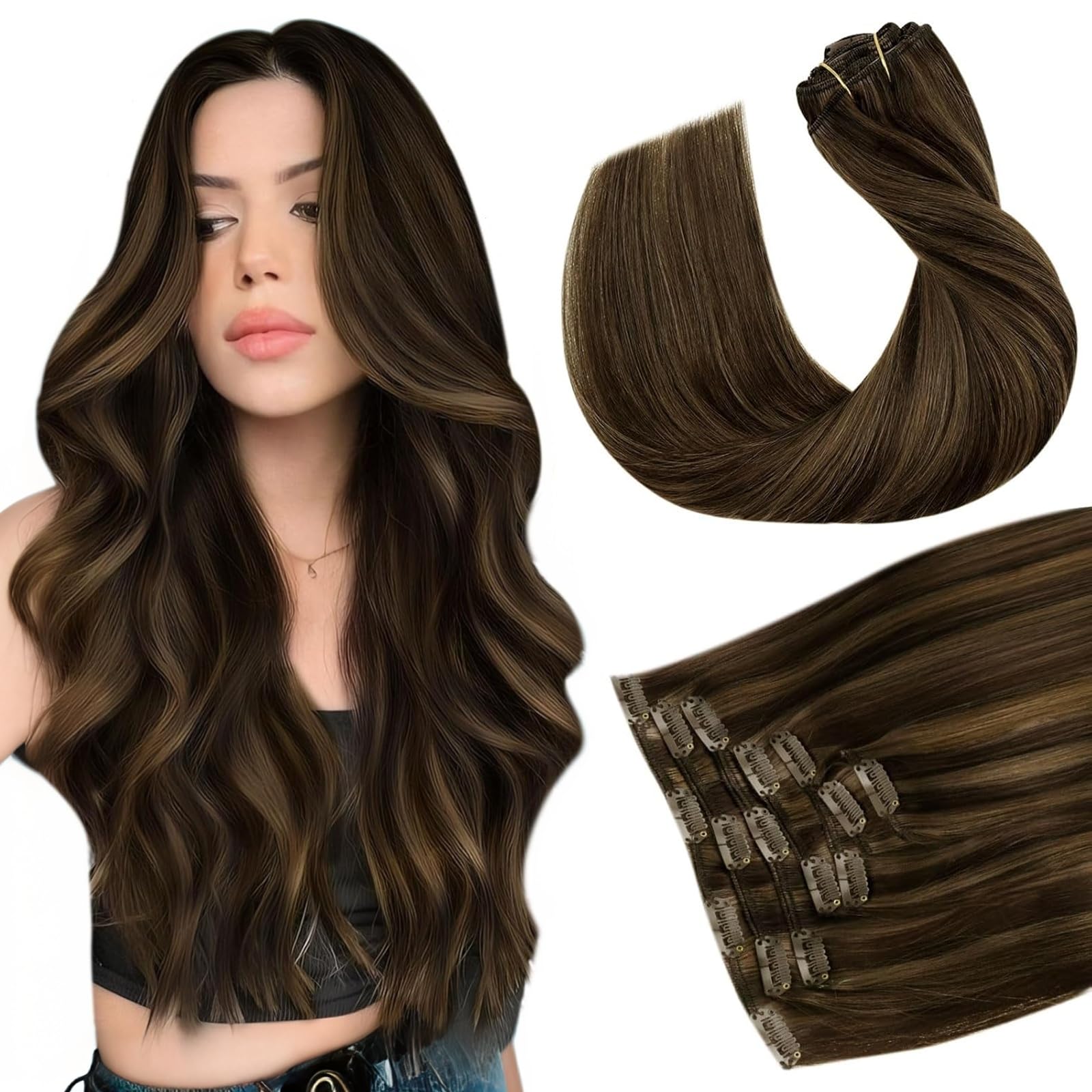 Hetto Real Hair Extensions Clip in Human Hair Brown Highlights Human Hair Clip in Extensions 20 Inch Clip in Extensions Real Hum