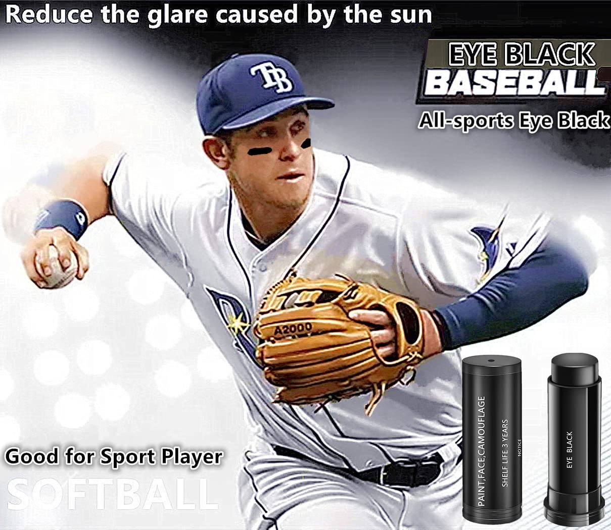 Go Ho 3PCS Eye Black Sticks for Sports,Eyeblack Baseball Face Paint,Softball/Baseball Accessories,Football Stick Eye Strips,Blac