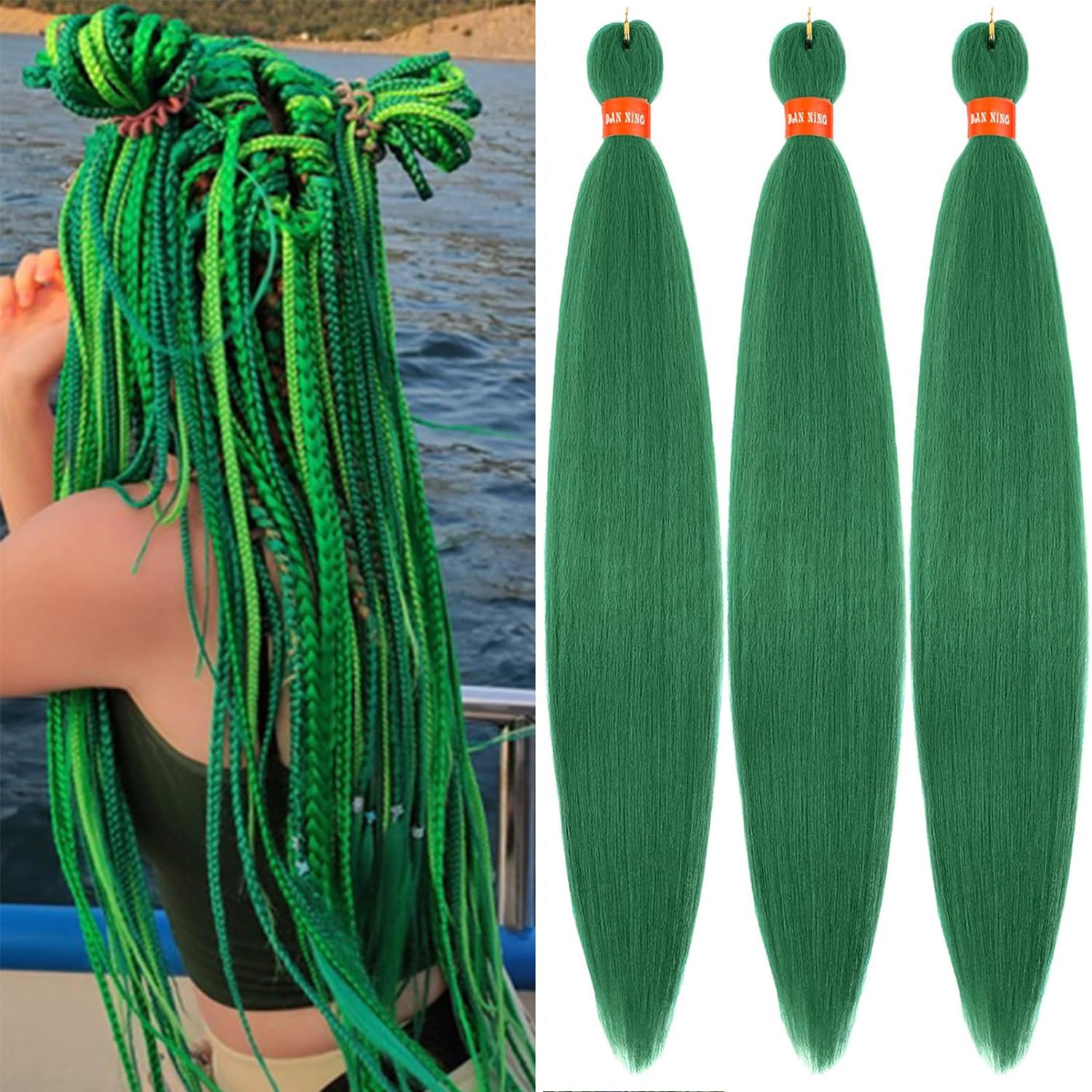 DAN NING Green Pre Stretched Braiding Hair 30 Inch Kanekalon Box Braid Hair Extensions 3 Packs Yaki Texture Pre feathered Braids