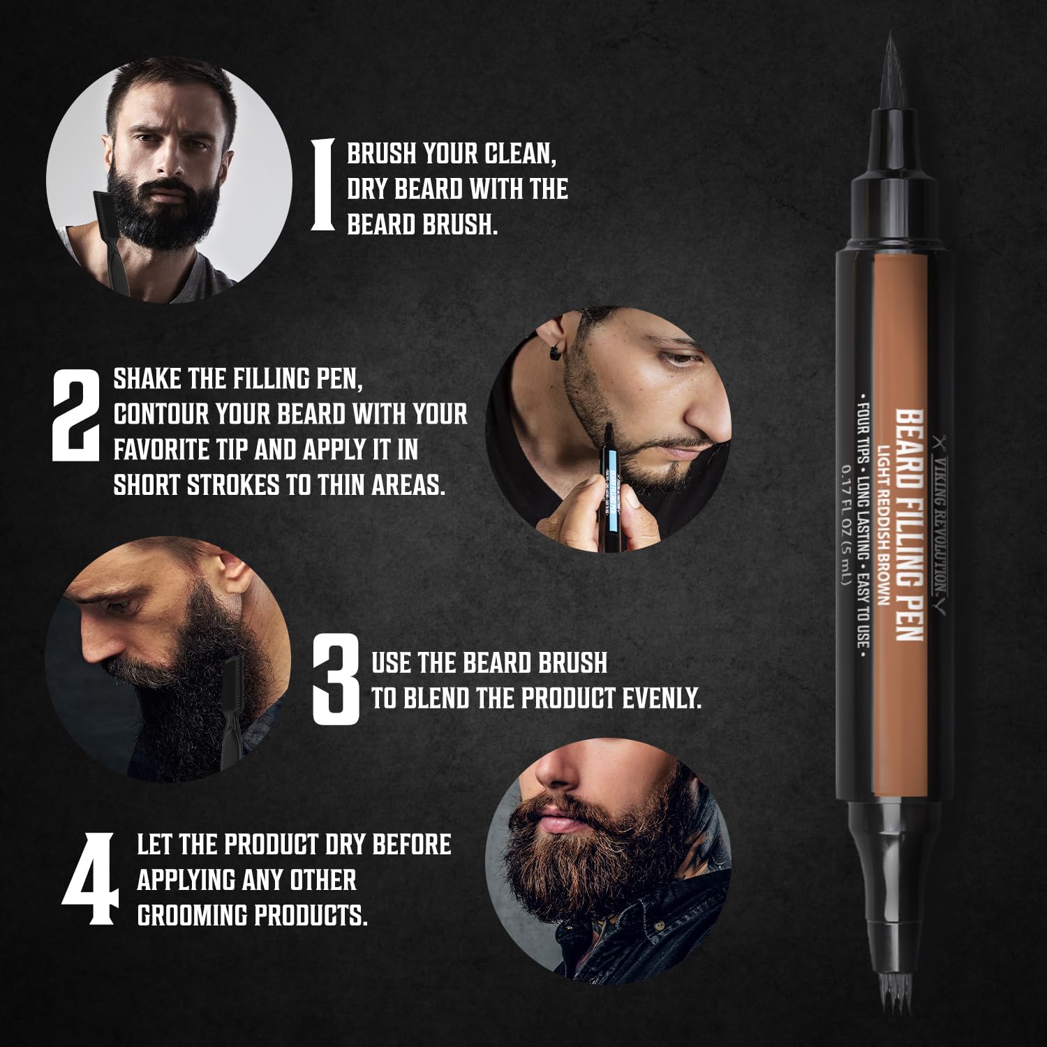 Viking Revolution Beard Pen (2 Pack) - Light Reddish Brown Beard Pencil Filler For Men - Beard Filler For Men Waterproof Beard F