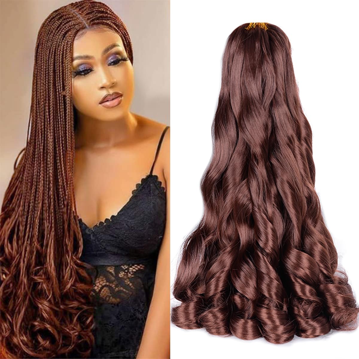 French Curly Braiding Hair,33# 24Inch Loose Wavy 2Packs Bouncy Hair Extensions 75g/Pack French Curl Braiding Hair Synthetic Hair