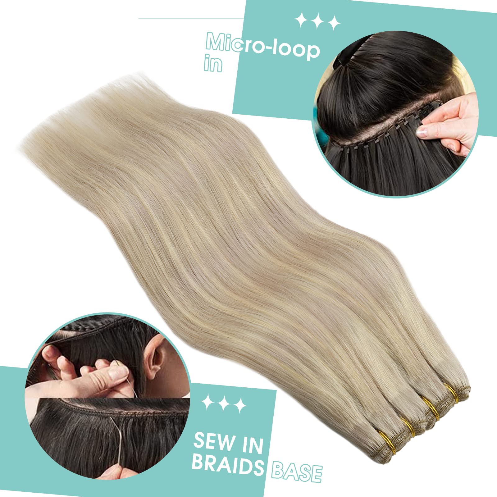 Youngsee 125G Weft Extensions Human Hair Blonde Highlight Sew In Hair Extensions Real Human Hair Warm Ash Blonde Highlights Blea