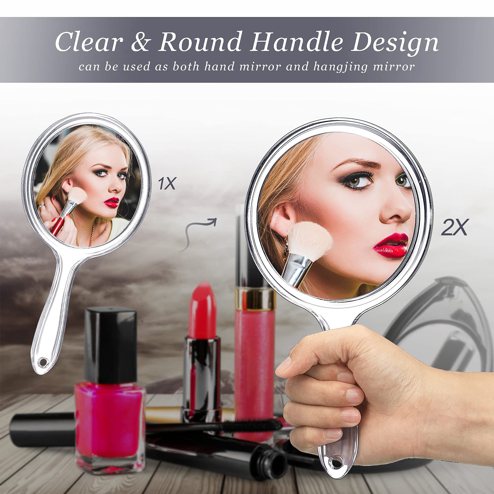 Jetec Hand Mirror Double-Sided Handheld Mirror 1X/ 2X Magnifying Mirror with Handle Transparent Hand Mirror Rounded Shape Makeup