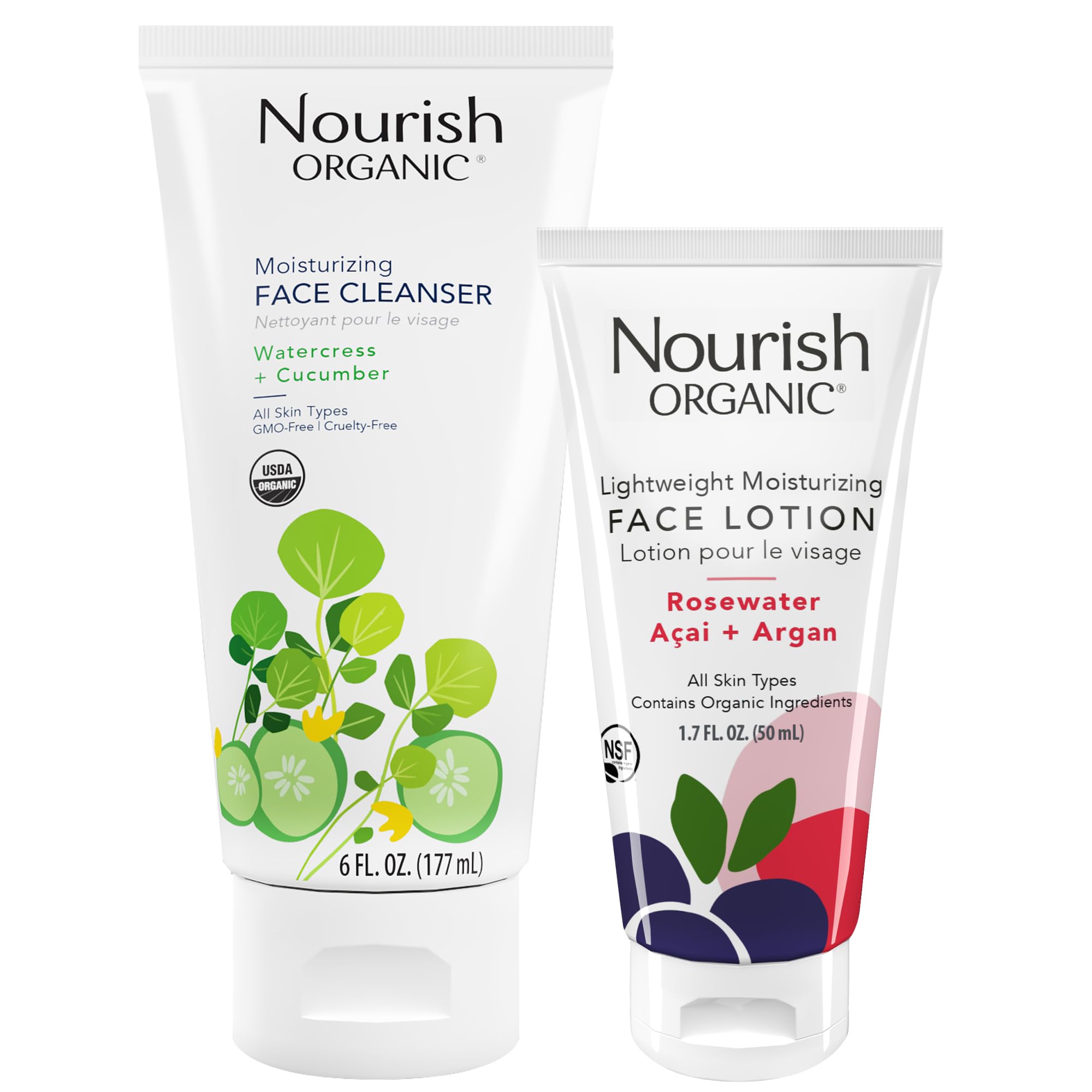 Nourish Organic Face Cleanser + Face Lotion Set  Lightweight, Moisturizing Formulas with Hydrating Aloe Vera and Replenishing B