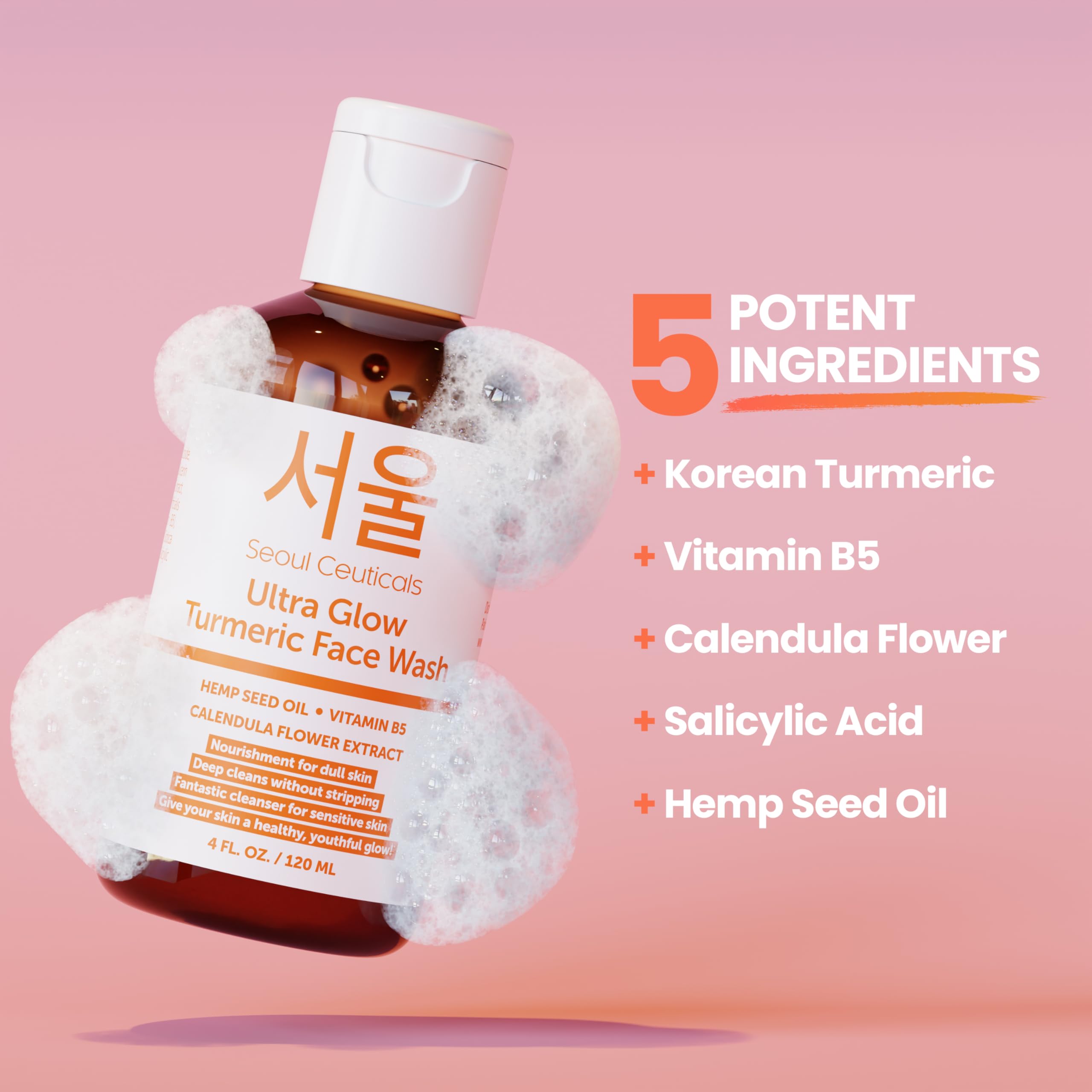 SeoulCeuticals Korean Turmeric Face Wash - Vegan, Cruelty-Free Cleanser for Dry Sensitive Skin, 4 Fl Oz