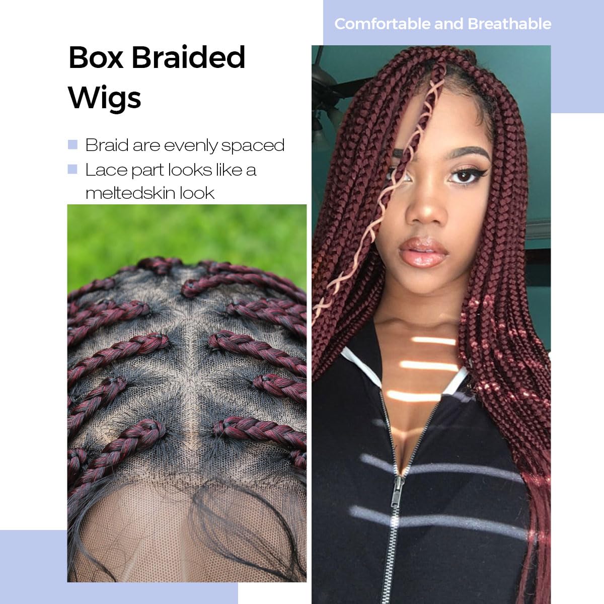 KRALER 36 inch Knotless Box Braided Wigs for African American Women, Ombre Burgundy Box Braids Triangle Embroidery Full Double L