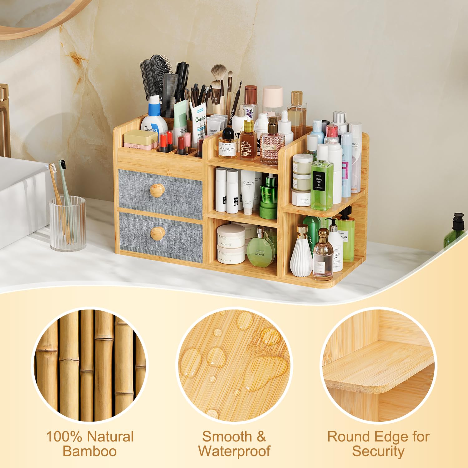 Large Makeup Organizer Countertop For Vanity Dresser, Bamboo Bathroom Counter Organizers And Storage,Cosmetic Skincare Perfume O