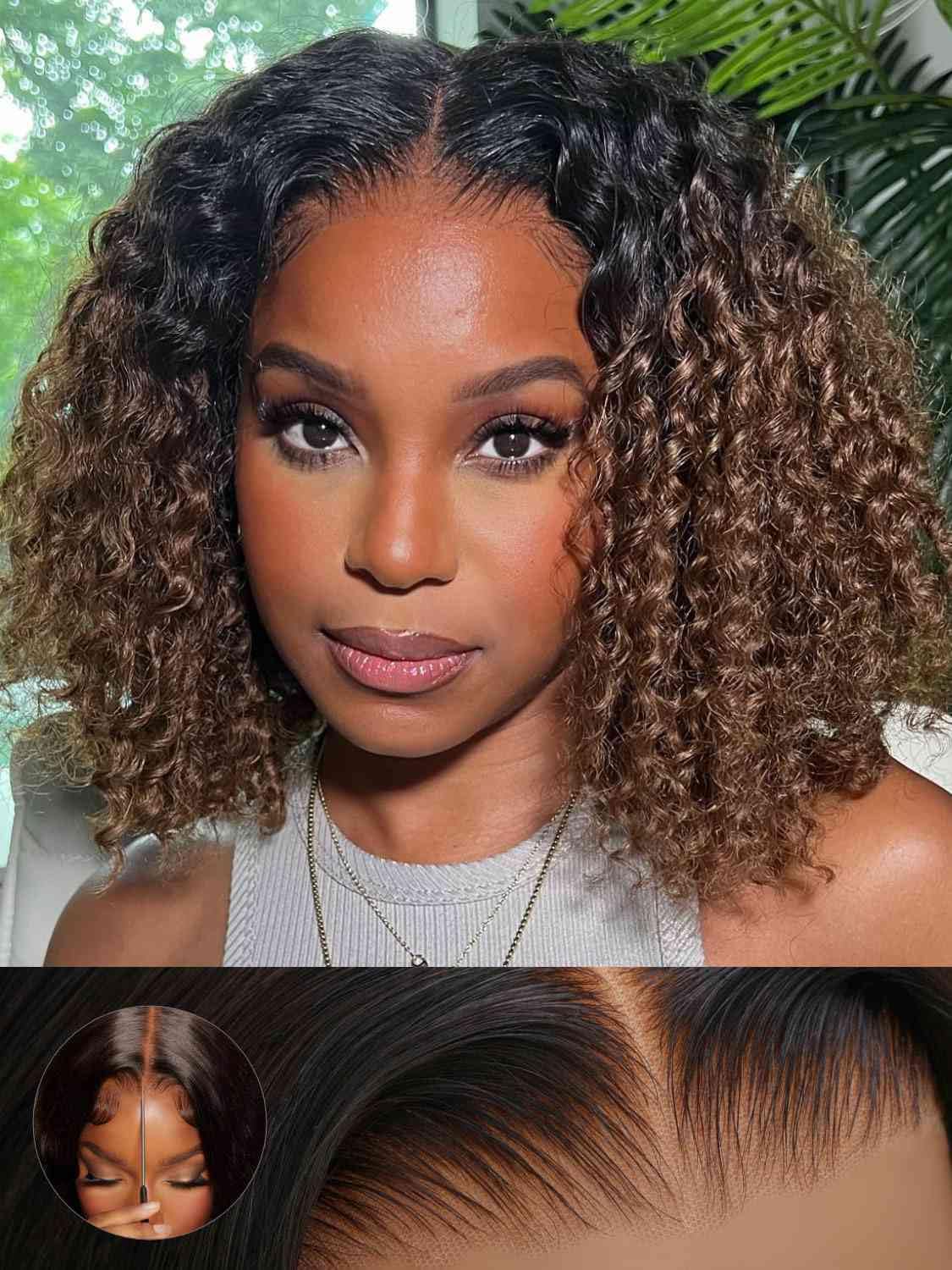 Beauty Forever 8 Inch Short Curly Bob Wig Human Hair Bye Bye Knots Glueless Wigs With Ombre Brown,Pre Plucked Pre Cut Hd Lace Re