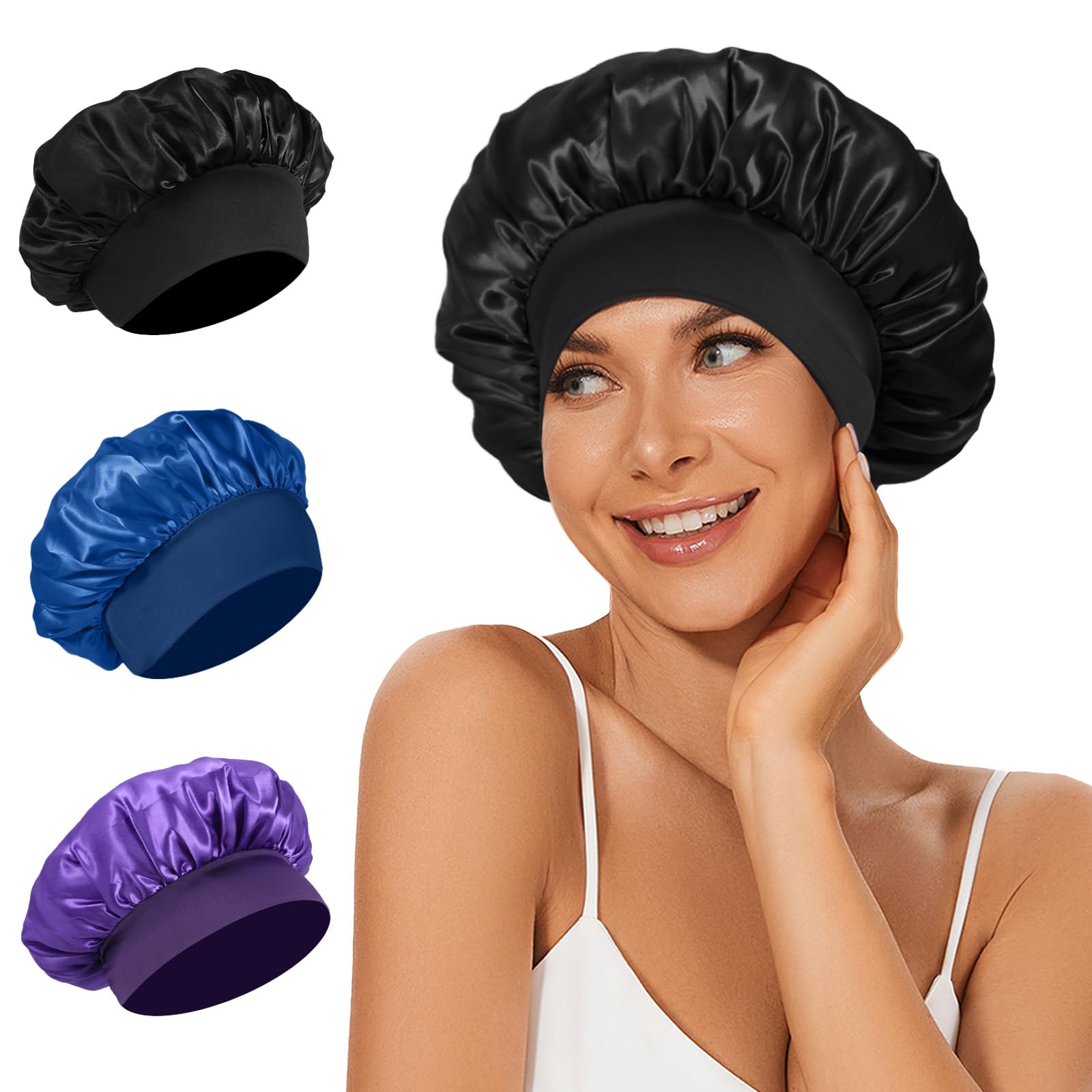 LEADUWAY 3 Pcs Satin Bonnet, Hair Bonnets Silk Hair Wrap, Silk Bonnet for Sleeping