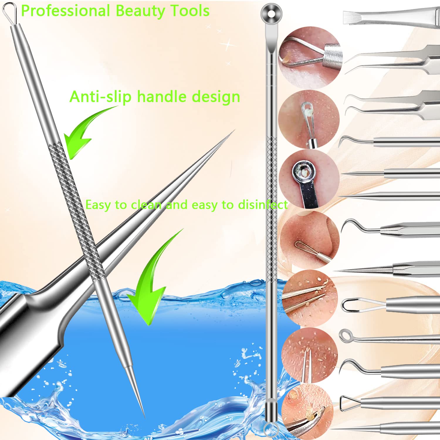Pimple Popper Tool Kit, Blackhead Remover Tools, 16 PCS Professional Stainless Tweezers Acne Comedone Extractor Pimple Needle To
