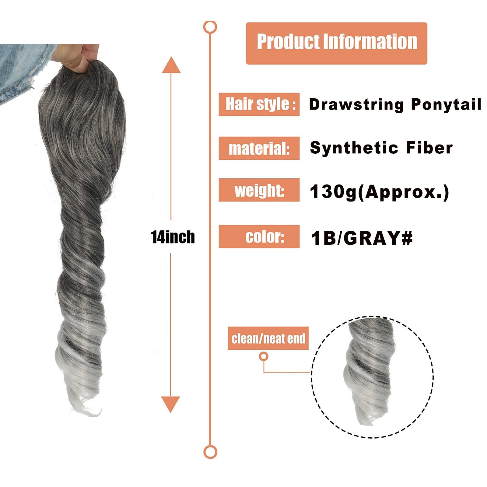 Silver Grey Ponytail Extension For Black Women Synthetic Salt & Pepper Ponytail Spiral Curly Drawstring Pony Tails, Oseti 14Inch