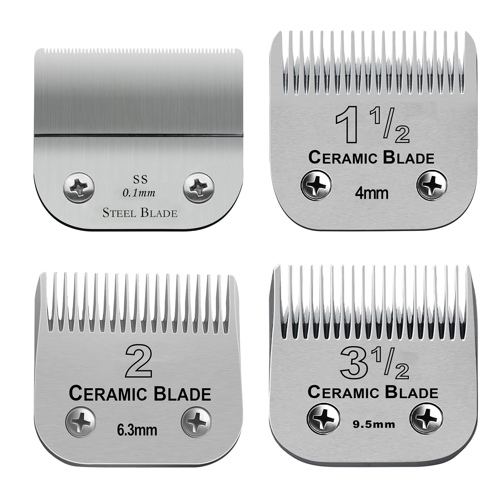 4 Pack Professional Detachable Replacement Blades set,Size(1-1/2+#2+3-1/2+T Outliners)Cut Length 0.1mm to 9.5mm,compatible with 