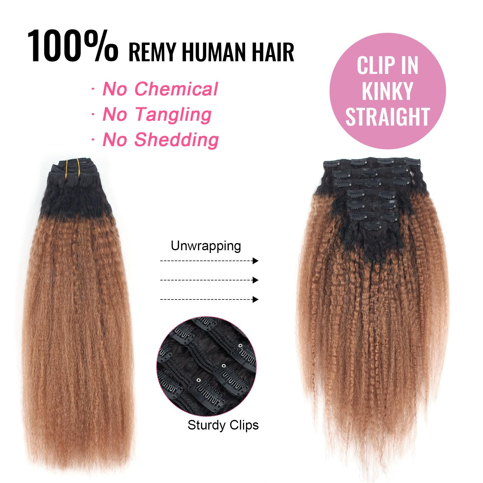 AmazingBeauty 8A Texlaxed Kinkys Straight Ombre Hair Clip Extensions Double Weft Real Remy Human Hair for Black Women, Natural B