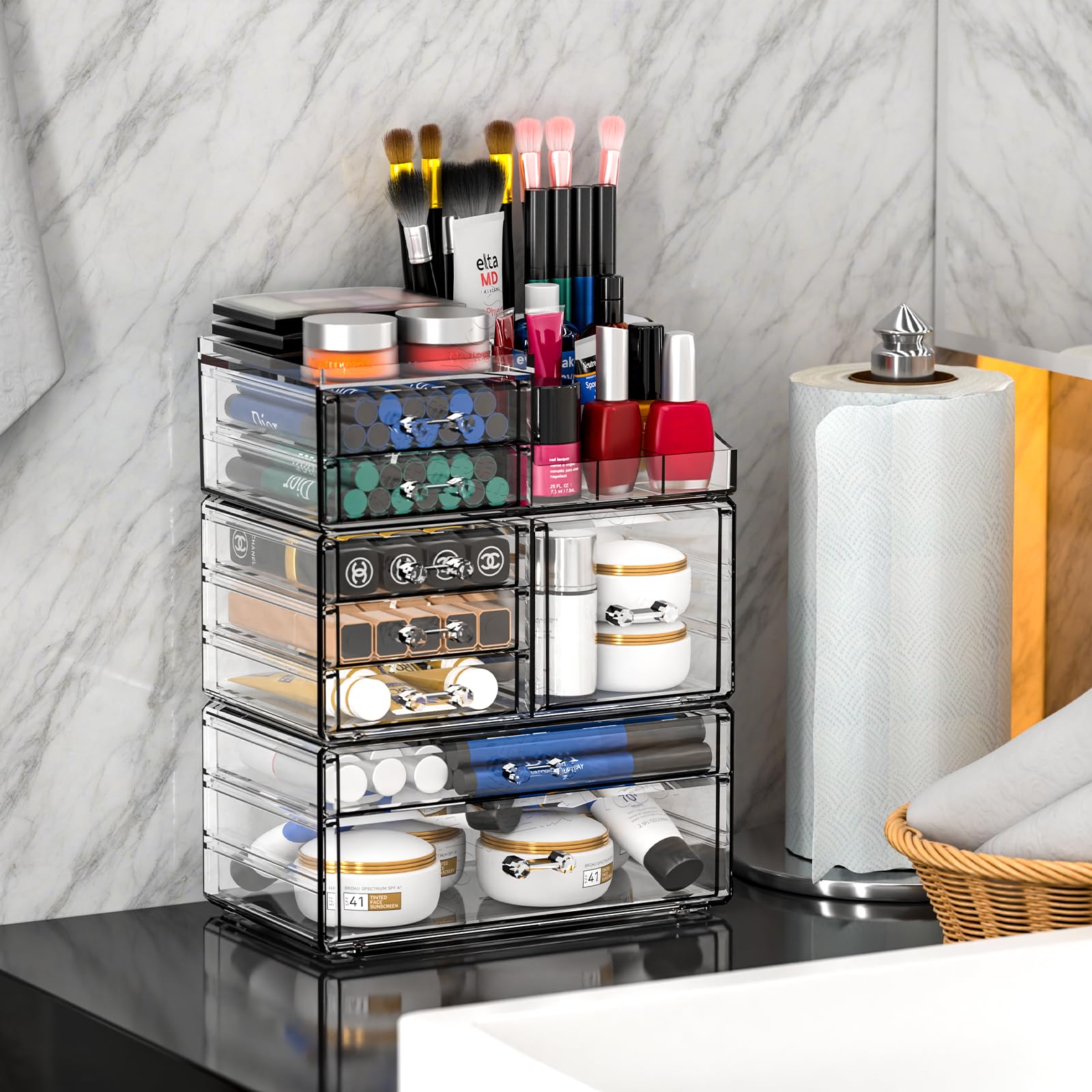 Cq Acrylic 3 Pack Clear Make Up Organizers For Vanity,Stackable 8 Drawers Skincare Organizer,Cosmetic Storage Organizer For Jewe