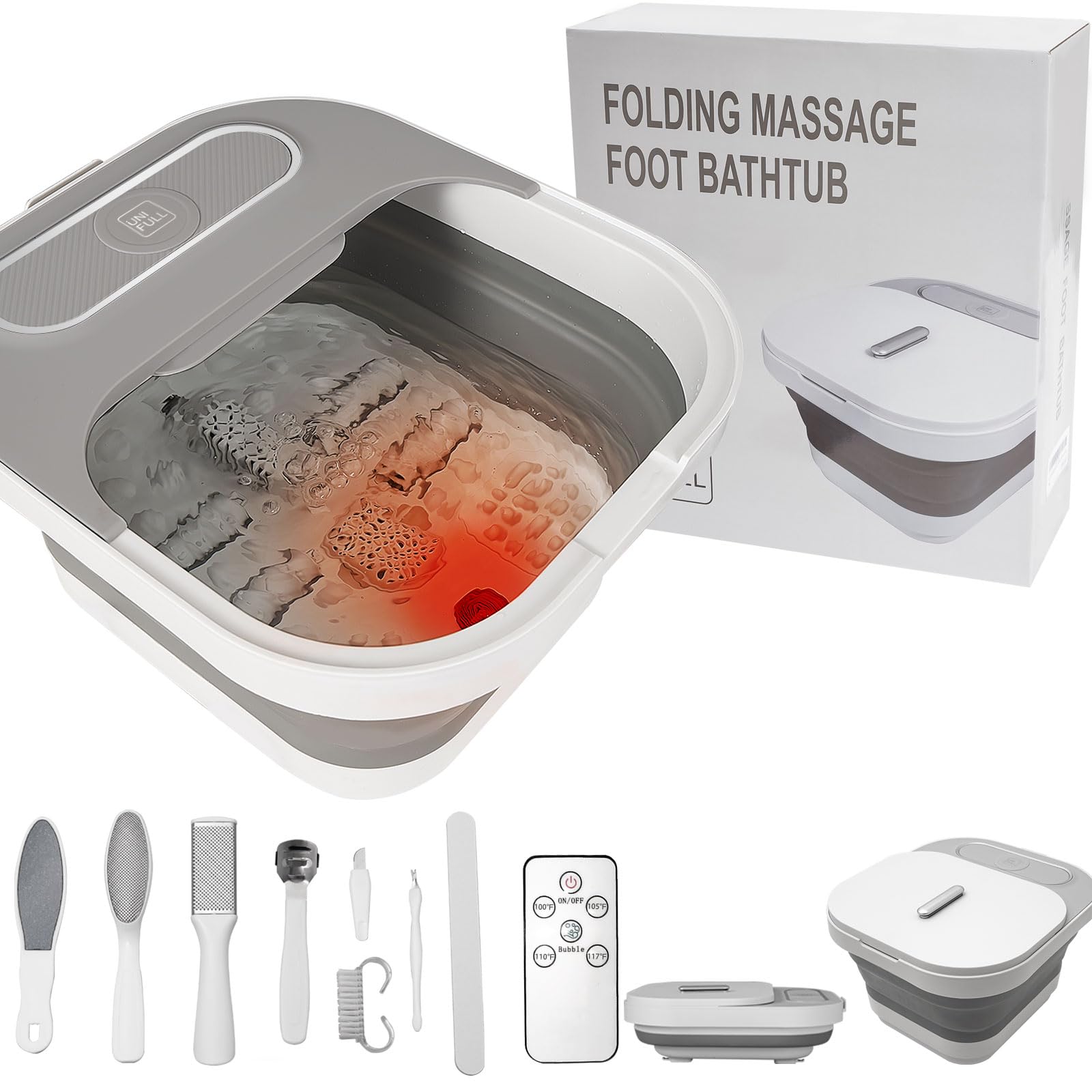 UNIFULL Collapsible Foot Spa Bath with Heat and Massage Rollers, Bubble, Foot Pedicure Kit, Temperature Control, Red Light, Pedi