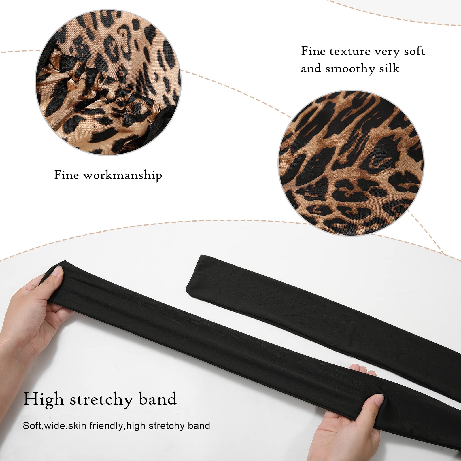 Awaytr Long Satin Bonnet For Braids - Elastic Silk Hair Bonnets For Sleeping Night Cap Stretchy Tie Band For Women(Leopard)