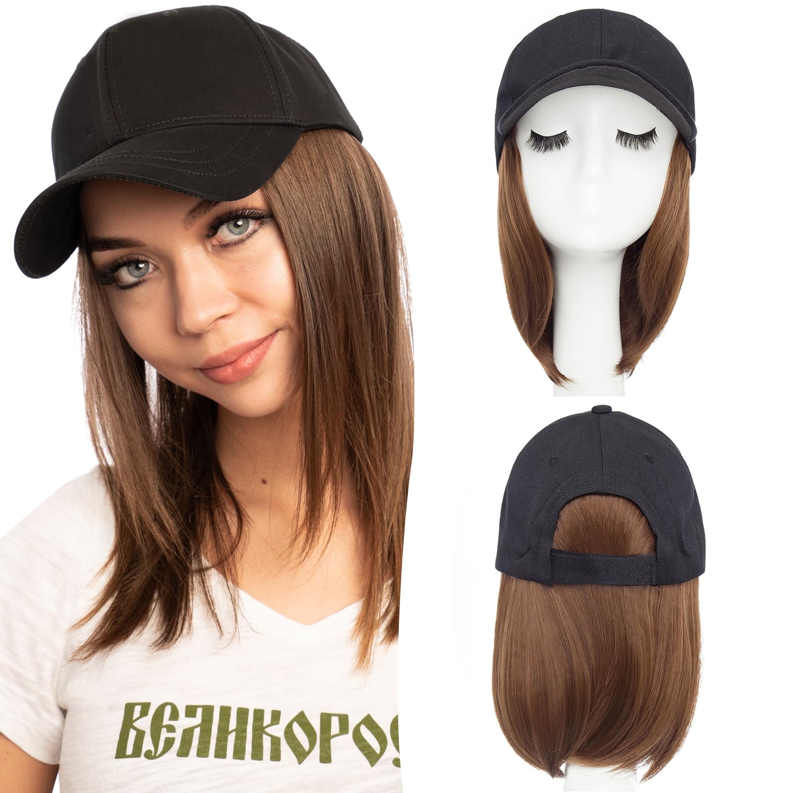 SEGO Baseball Cap with Hair Extensions for Women Heat Resistant Synthetic 6'' Adjustable Short Straight Hairpiece Replacement Wi