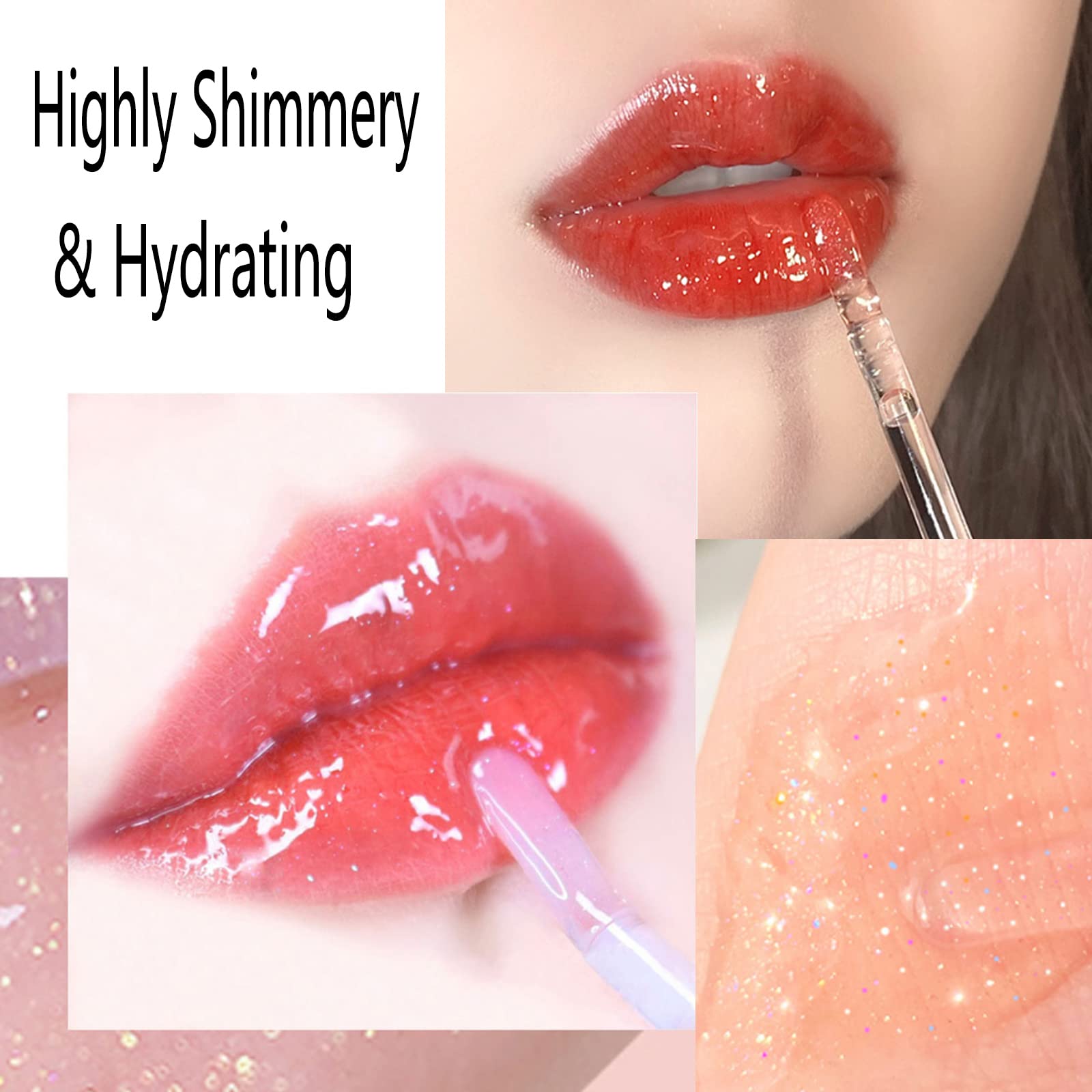 Natural Hydrating Shimmery Lip Gloss Set, Waterproof Long Lasting Moisturizing Lip Care Lip Oil Gloss, Diamond Transparent Shimm