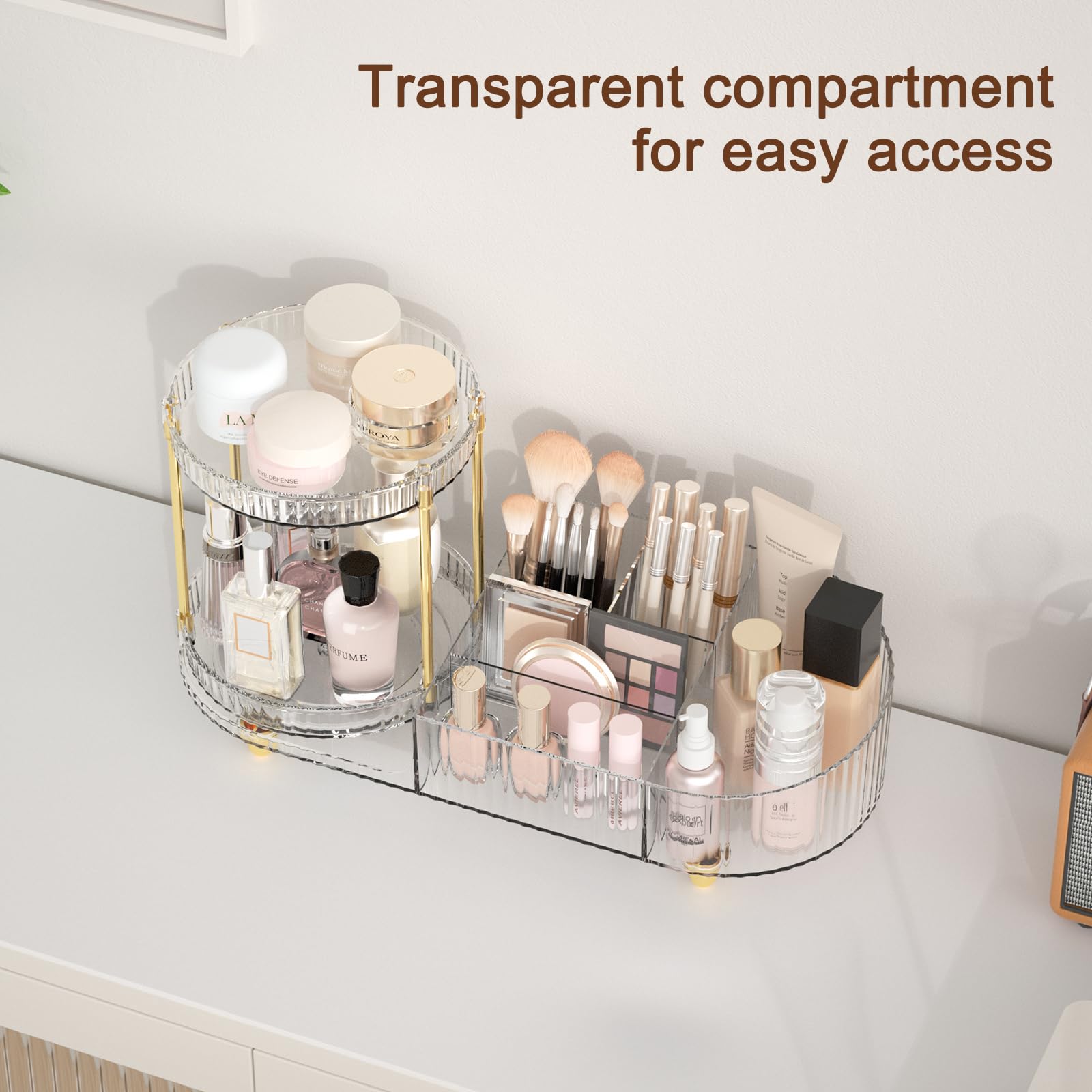 Makeup Organizer Countertop For Vanity, Rotating Perfume Tray With 5-Compartment Cosmetic And Skincare Organizers, Multi-Purpose