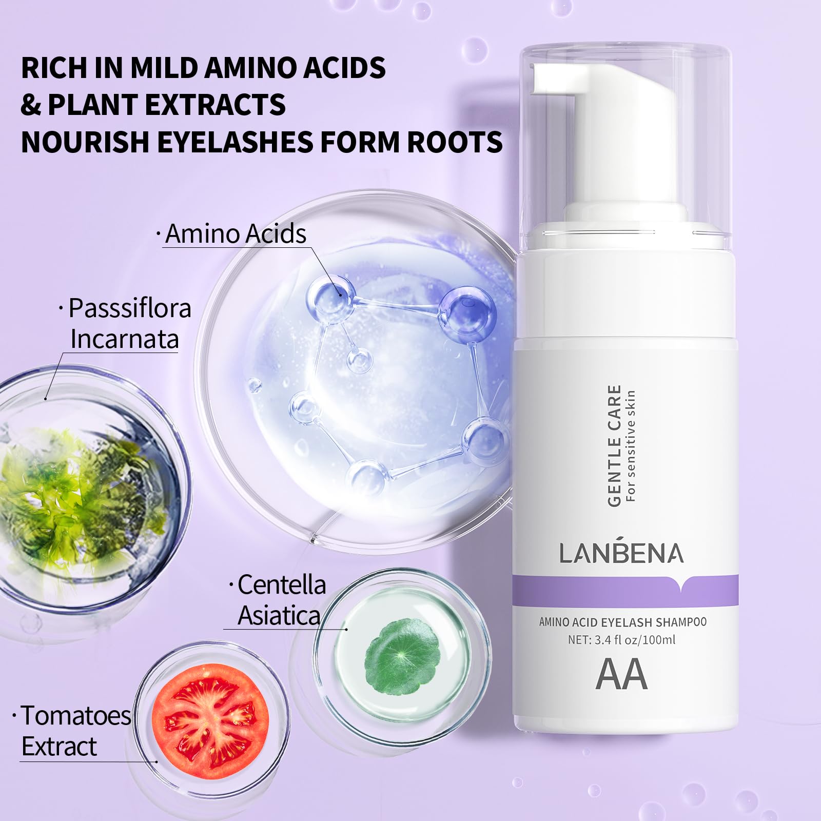 Lanbena 100Ml Eyelash Extension Cleanser, Lash Shampoo For Lash Extensions, Amino Acid Eyelash Shampoo Oil Free Foam Lash Bath F