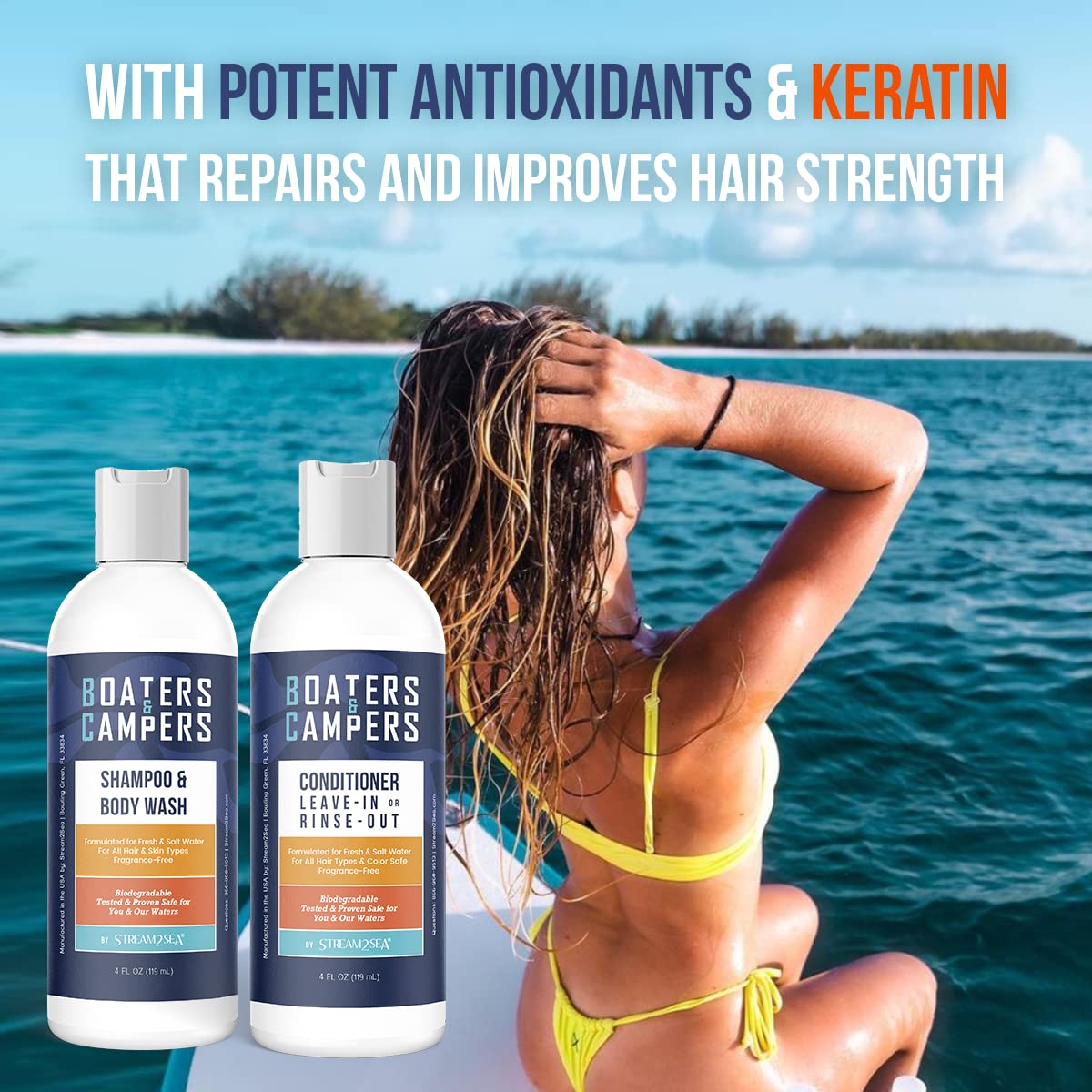 STREAM 2 SEA Boaters and Campers Hair Shampoo and Conditioner Set, 4 oz Reef Safe Fragrance Free All Natural Shampoo and Conditi
