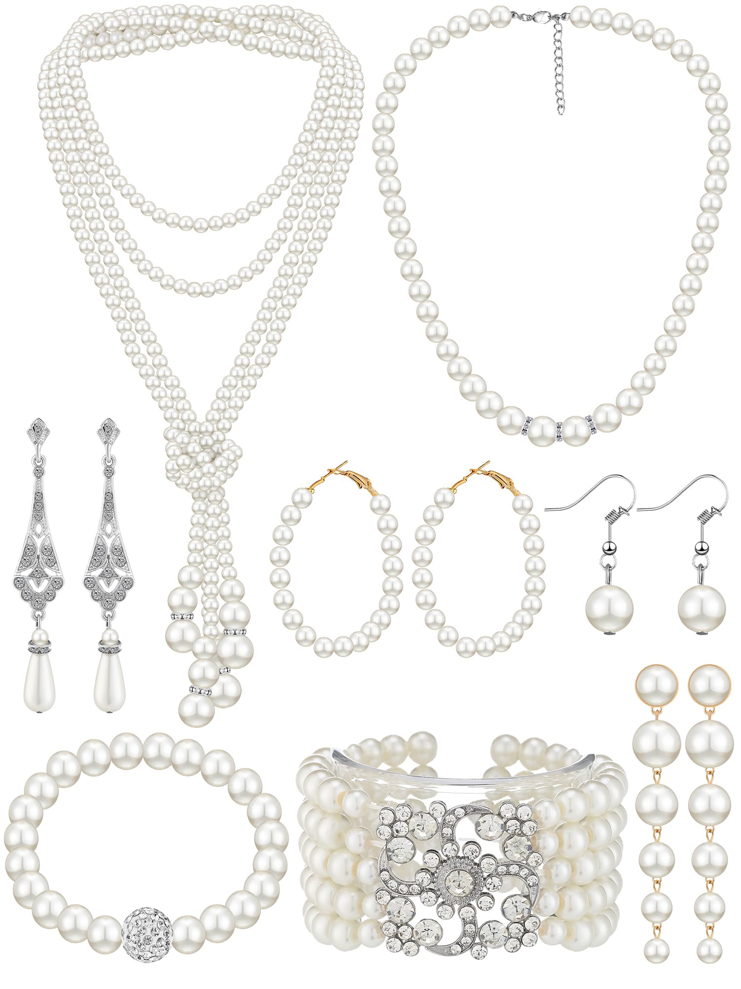 BBTO 8 Pcs Pearl Necklace and Earrings Set for Women Faux Pearl Bracelets Costume Jewelry Set for Wedding Gift Birthday Party (C
