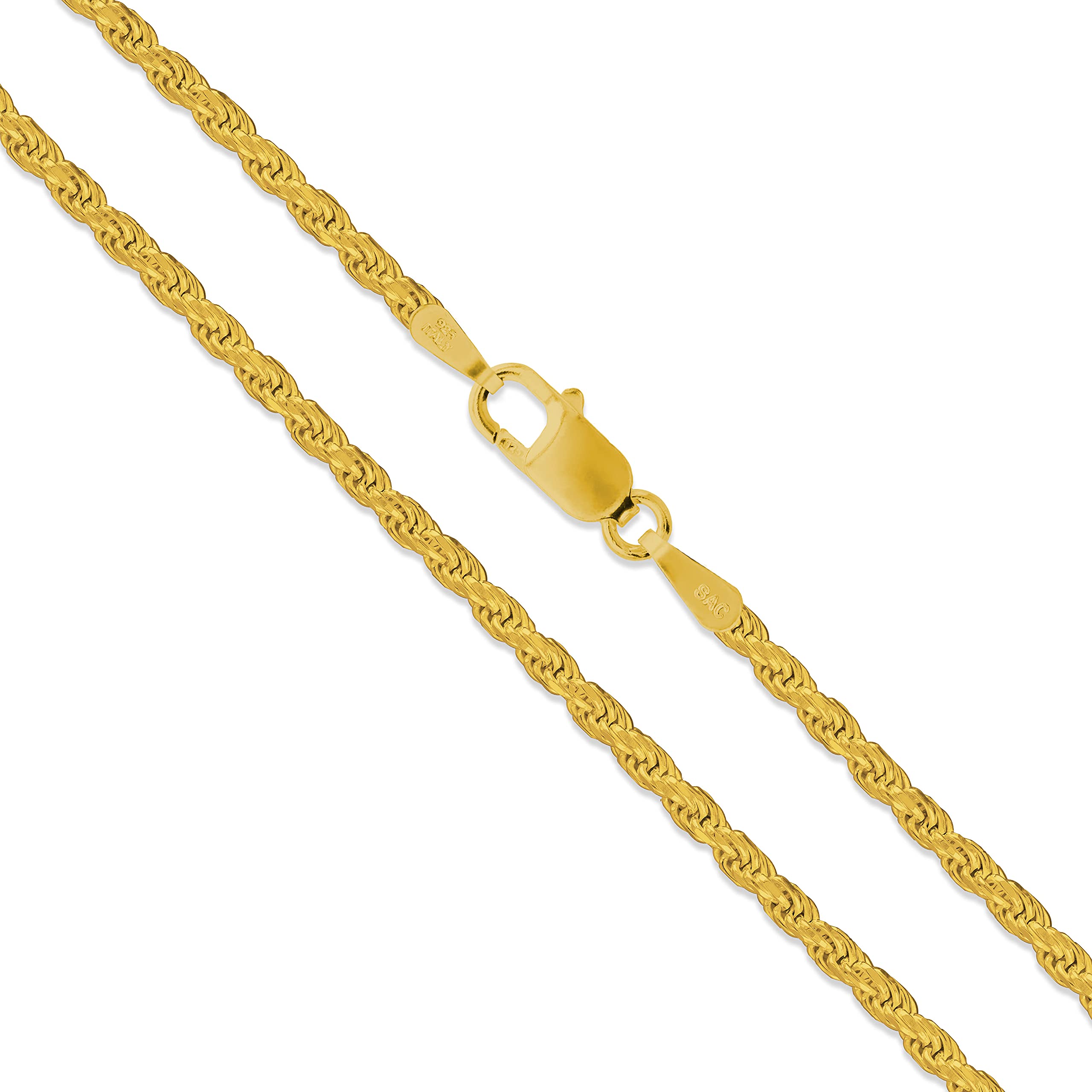 Sterling Silver 22k Gold Plated Diamond-Cut Rope Chain 2mm New Necklace 925 16 