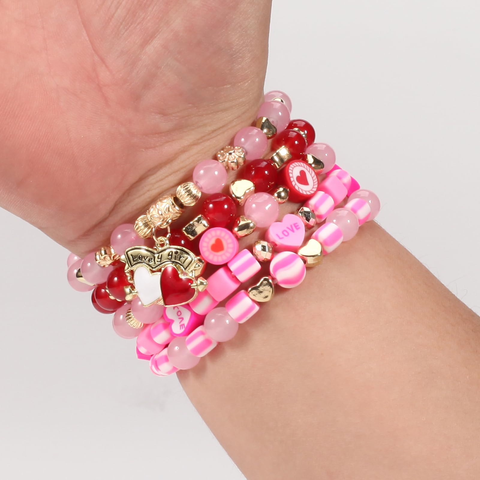 Ardorchid 5 Pack Valentine's Day Heishi Bracelets Cute Pink Red Love Heart Bead Stretch Stackable Bracelet for Women Holiday Bir