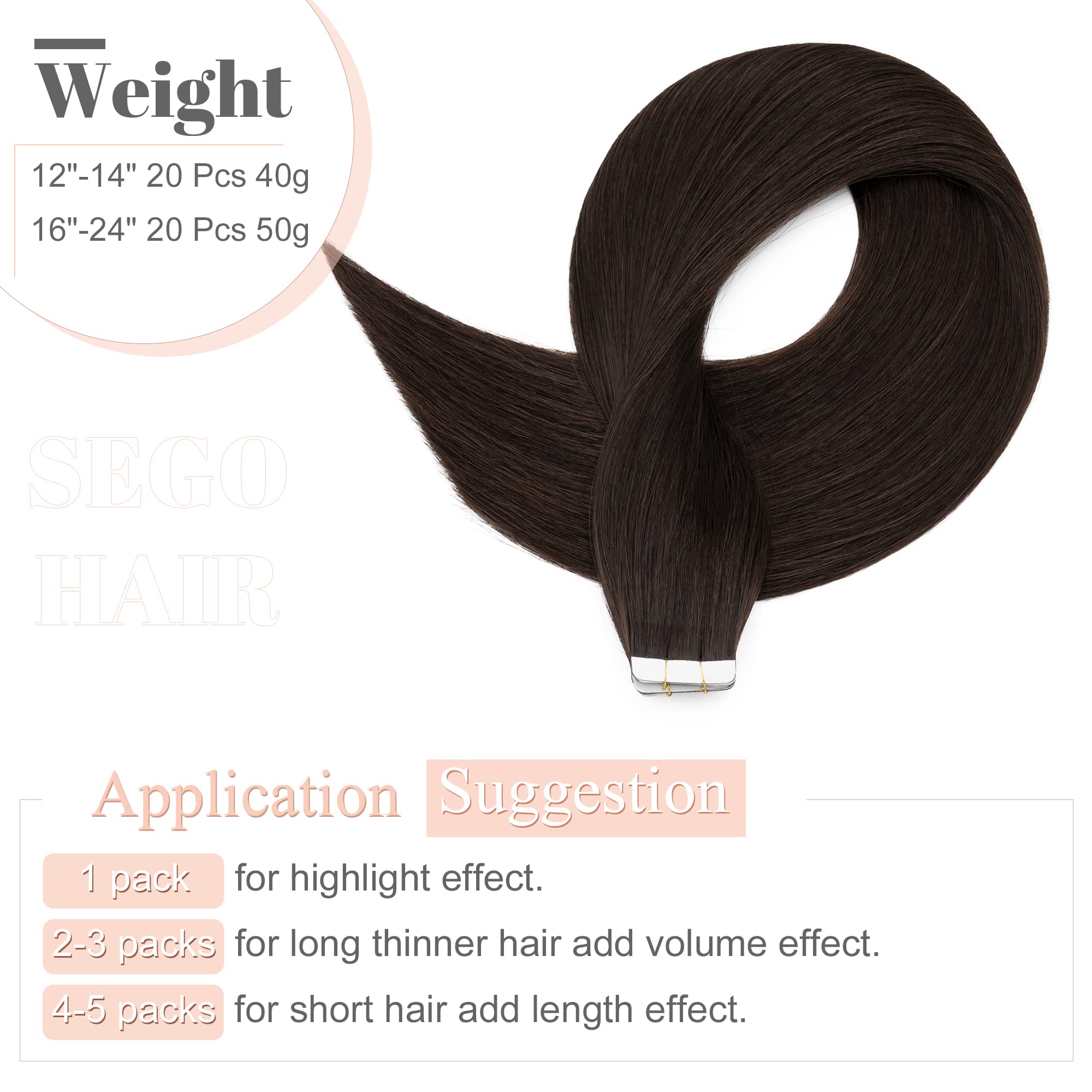 Sego Tape In Hair Extensions Human Hair 20 Inch Natural Black 40Pcs 100G Straight Natural 100% Remy Rooted Seamless Skin Weft In