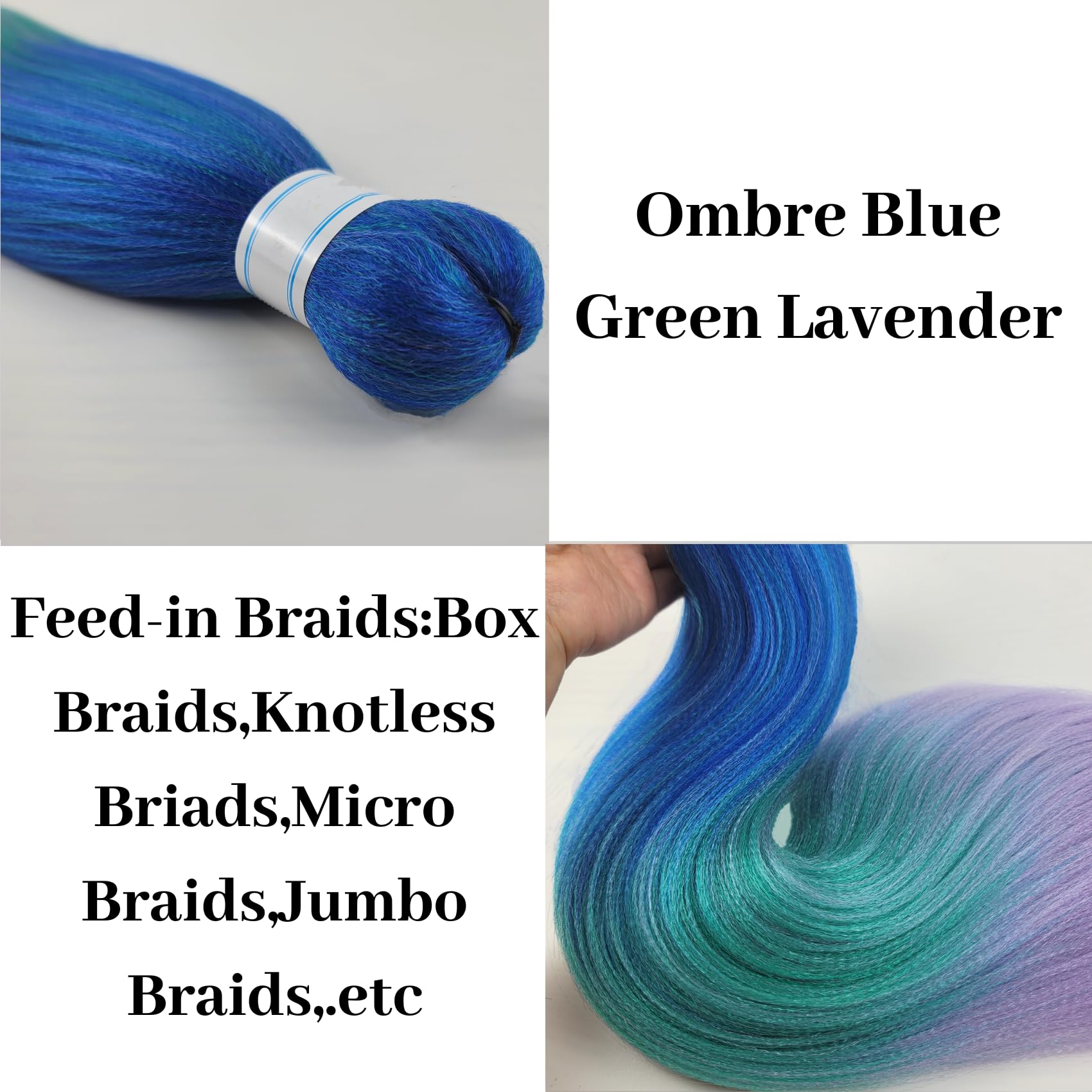 Ombre Braiding Hair Blue Dark Green LavenderPre stretched Kanekalon Braiding Hair Extensions Feed in Braids 26inch