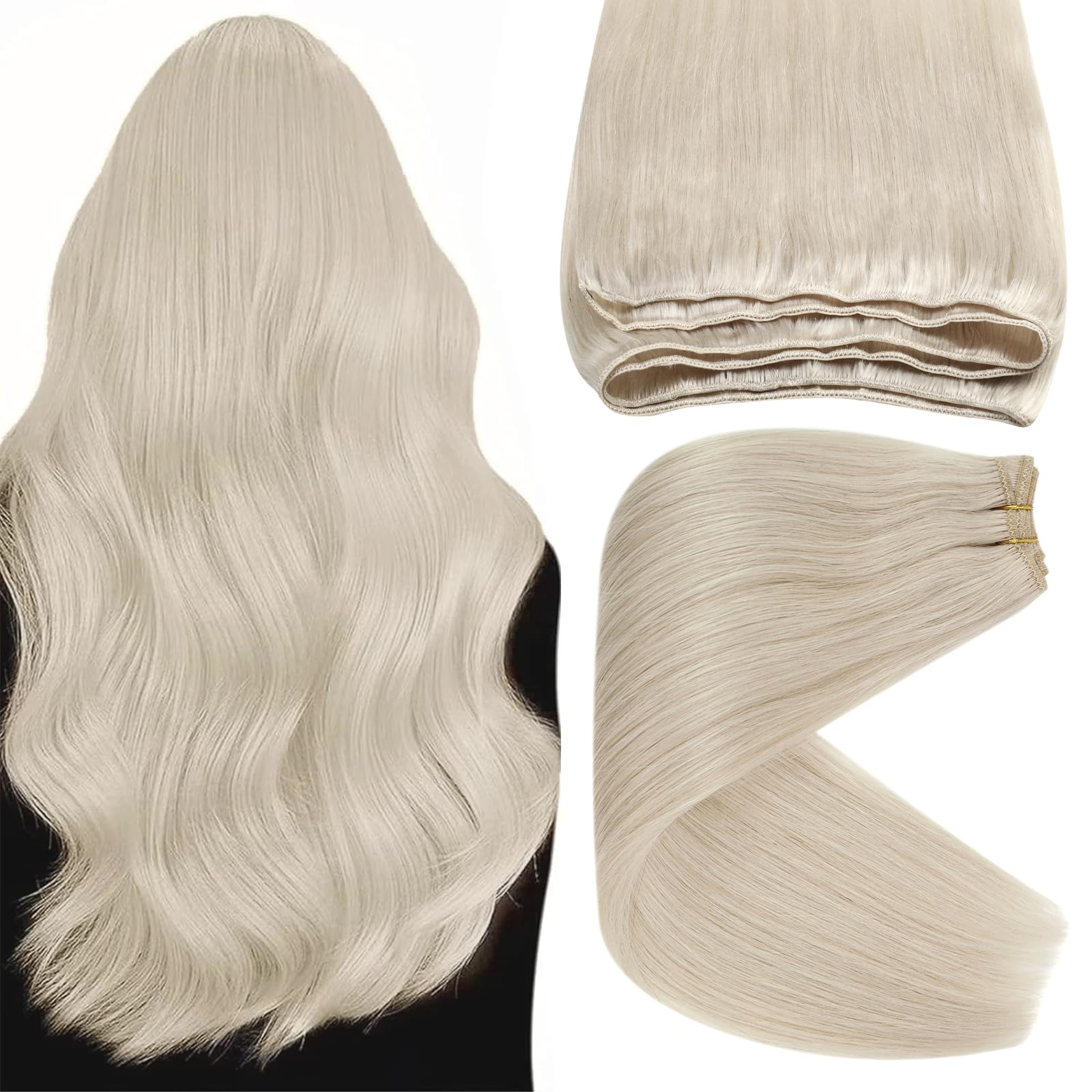Sunny Blonde Weft Hair Extensions Human Hair Platinum Blonde Sew in Hair Extensions Real Human Hair Weft Remy Hair Short Blonde 