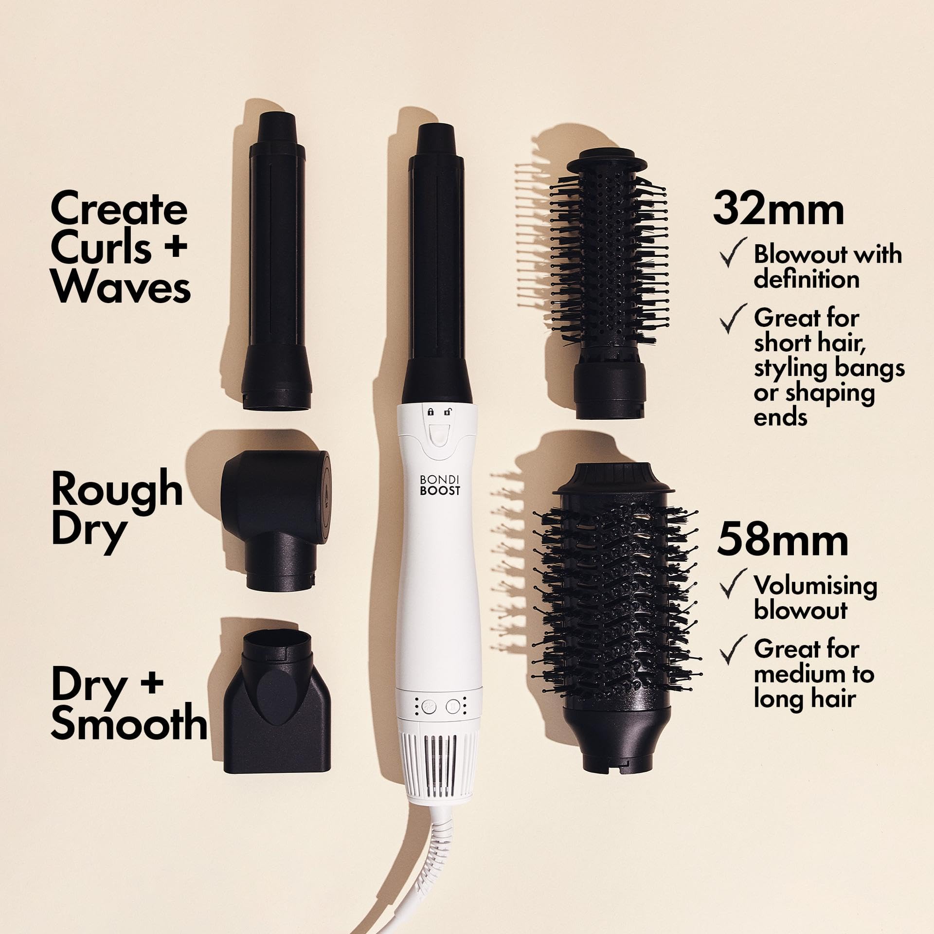 BONDIBOOST Everlast Airstyler Styling Brush, 6 Head Styling Tool for Salon Quality Hair with Ceramic Attachments + Versatile Hea
