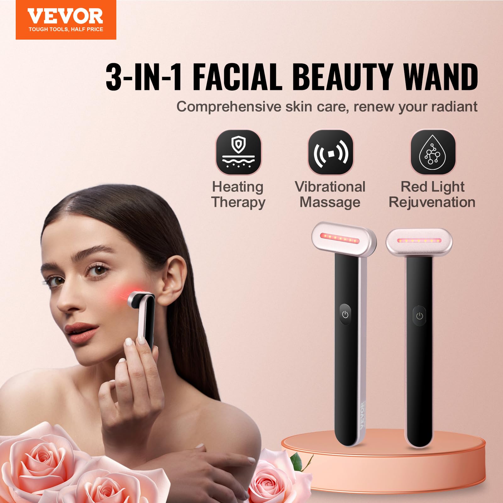VEVOR Red Light Therapy Wand for Face, 7-Color LED Facial Wand Red Light Therapy Device with Heatig Therapy| Microcurrent Vibrat