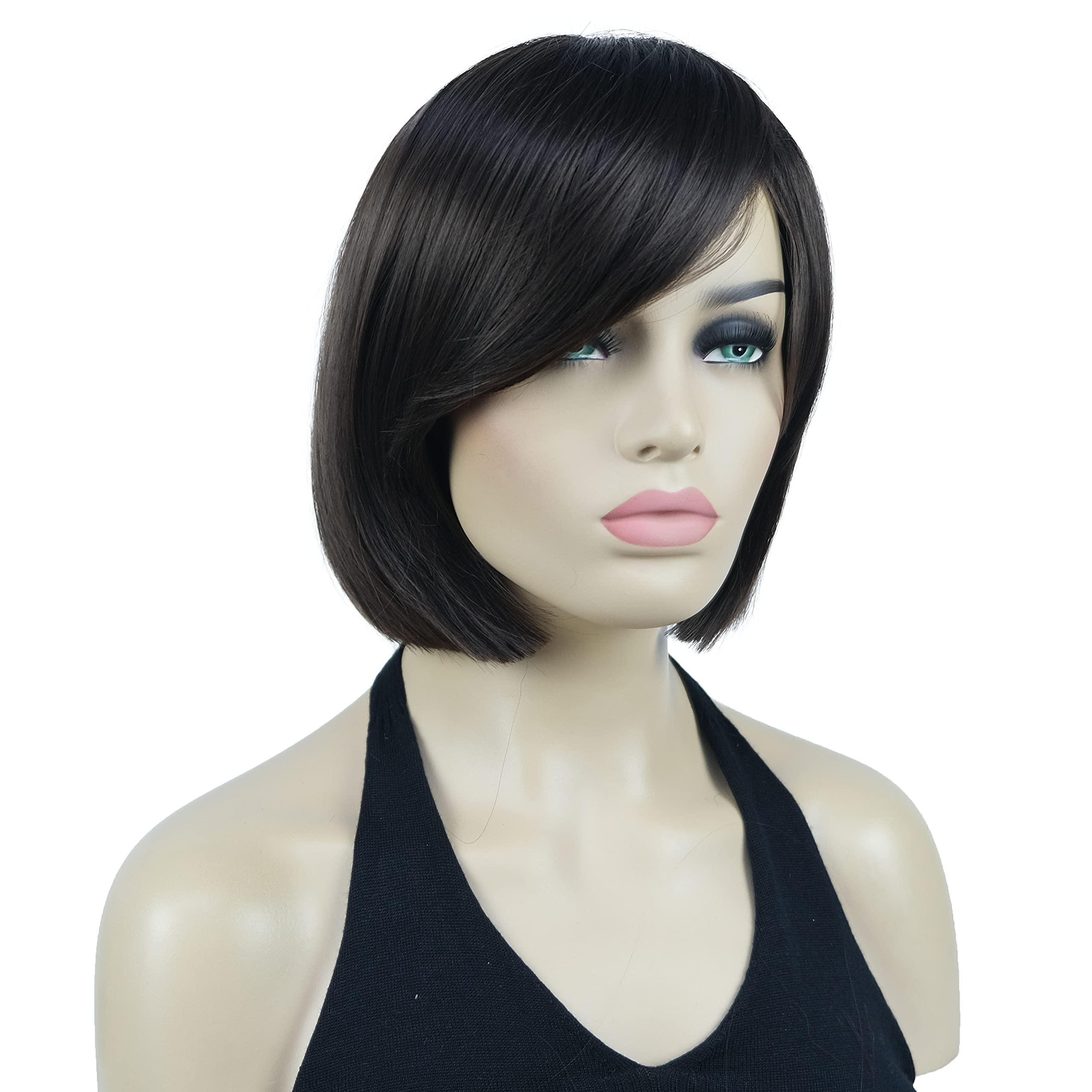 Lydell 8'' Straight Short Wigs Bob Hair With Bangs Cute Central Dot Top Heat Resistant Synthetic Wigs (Chestnut Brown)