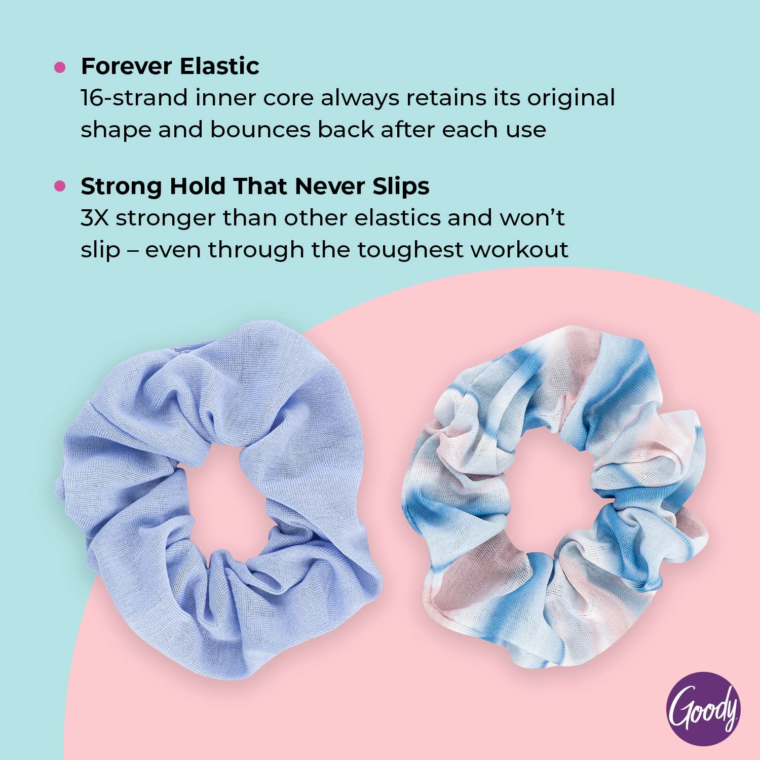 Goody Ouchless Forever Cotton Scrunchies, 2 Ct, Blue Stripes, 3X Stronger Damage-Free Hold Hair Scrunchies, 16 Strand Inner Core
