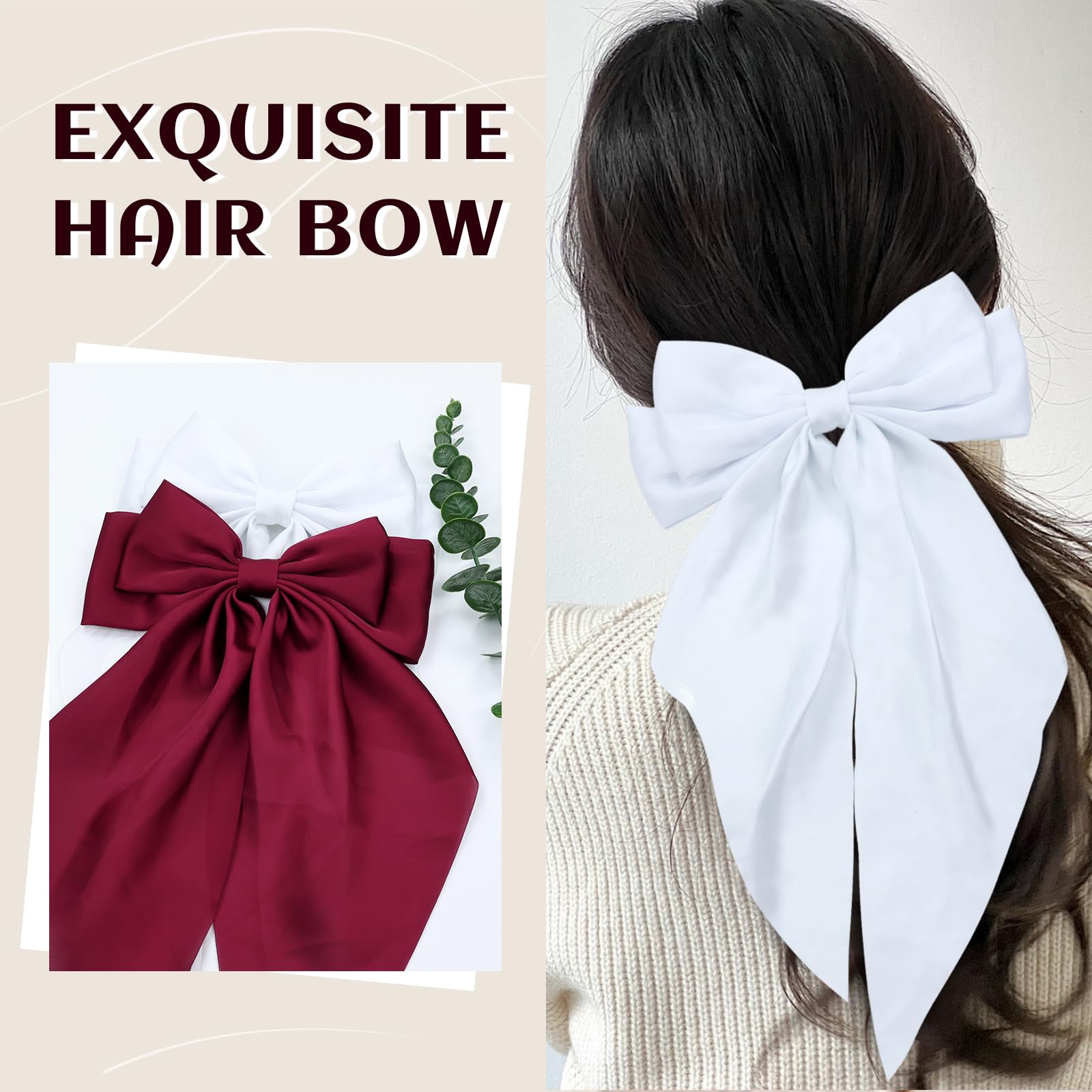 Cinaci 4 Pieces Large Big Oversized Silky Satin Hair Bows For Women Girls Teens, Fancy Long Tail Bow French Barrettes Hair Clips