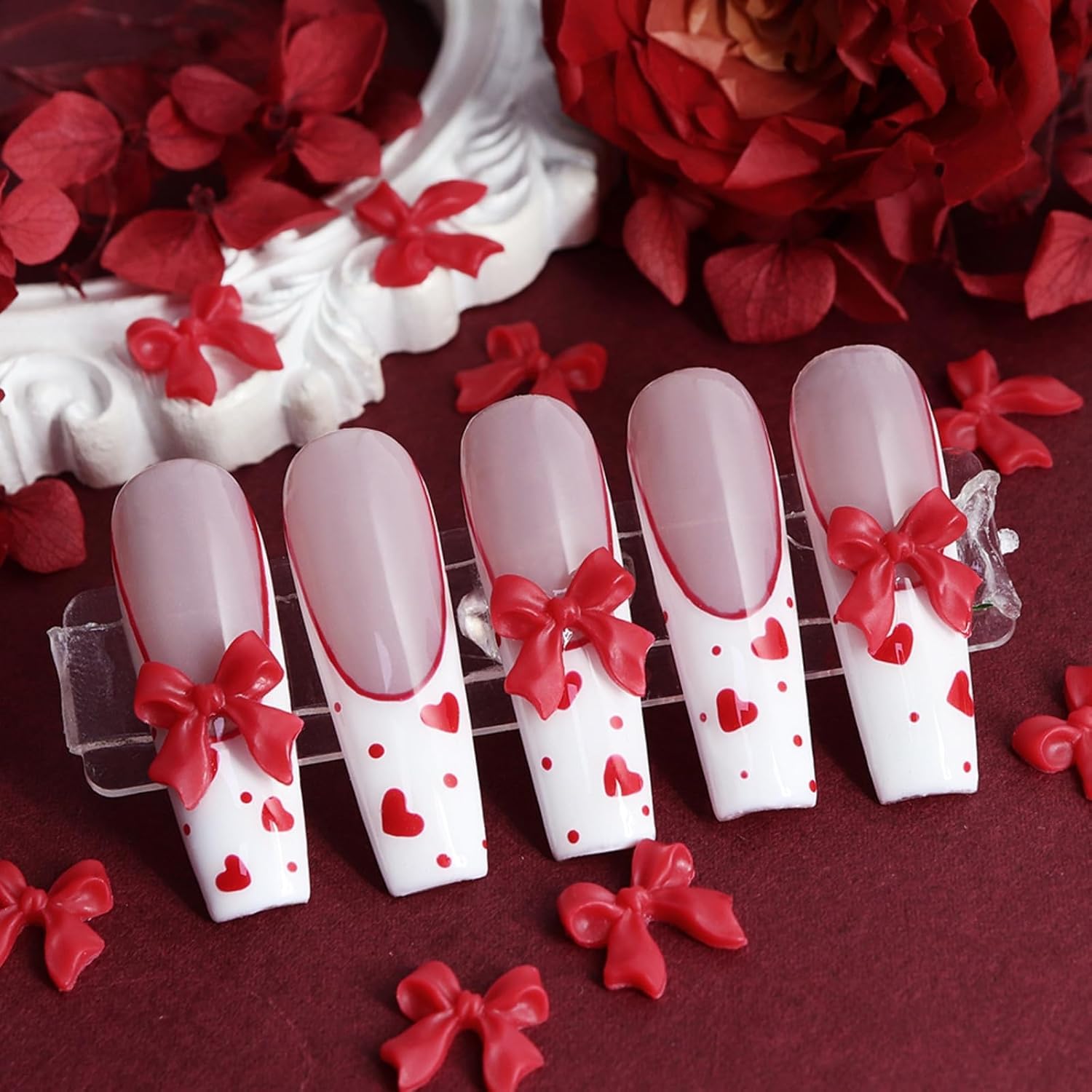 100Pcs Bow Nail Charms 3D Red Bow-Knot Nail Art Charms Cute Resin Bowknots Charms Valentine's Day Nail Art Supplies Kawaii Red B