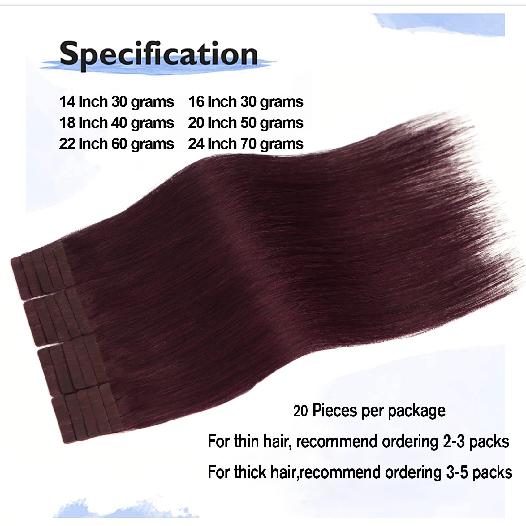 Tape In Hair Extensions 99J 100% Remy Human Hair Extensions Silky Straight For Fashion Women 20 Pcs/Package(14Inch #99J 30G)